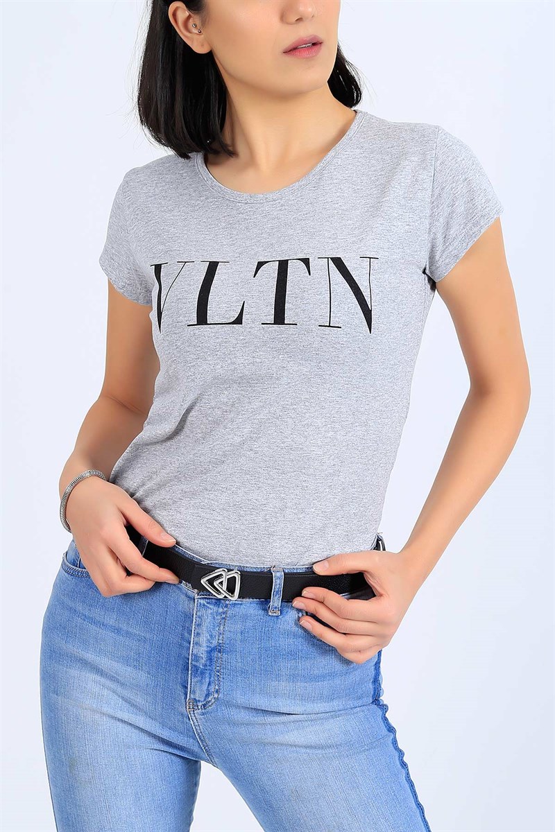 Gri Baskılı Bayan Tişört 26849B