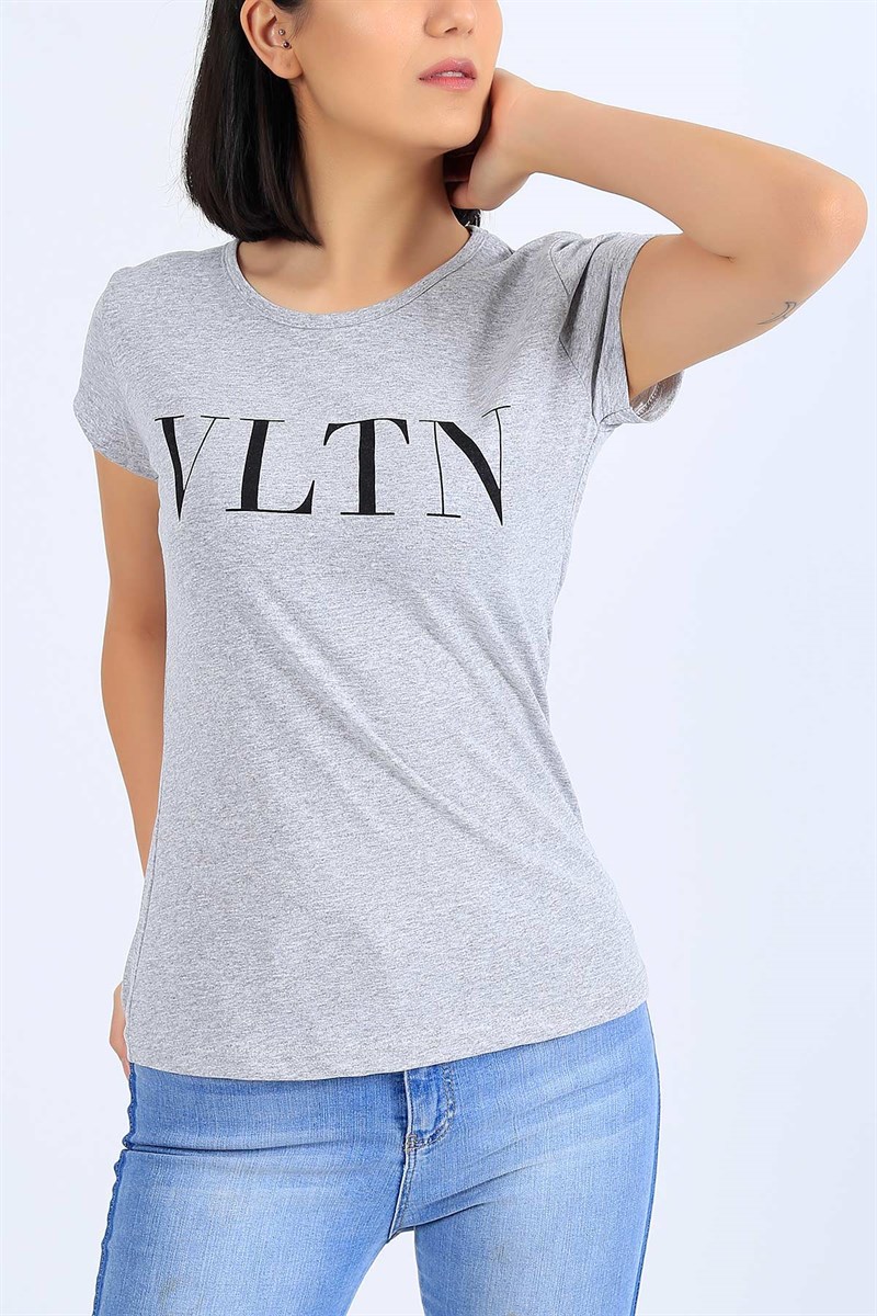 Gri Baskılı Bayan Tişört 26849B