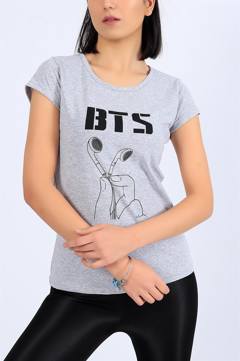 Gri Baskılı Bayan Tişört 26855B