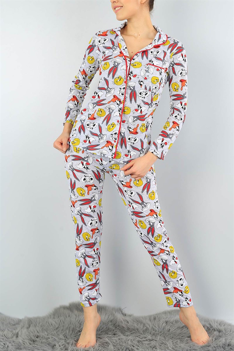 Gri Baskılı Likralı Bayan Pijama Takımı 45800