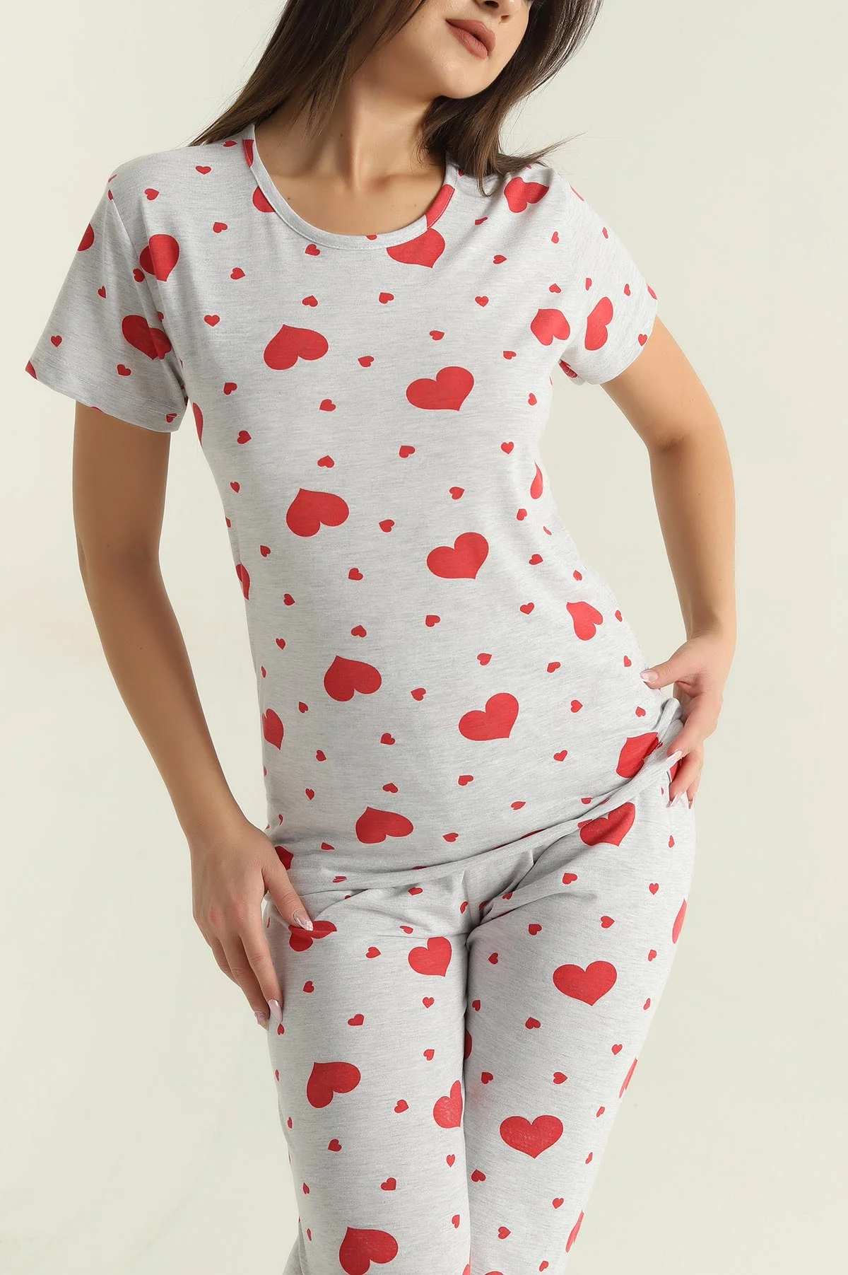 Gri Baskılı Penye Kadın Pijama Takımı 375967