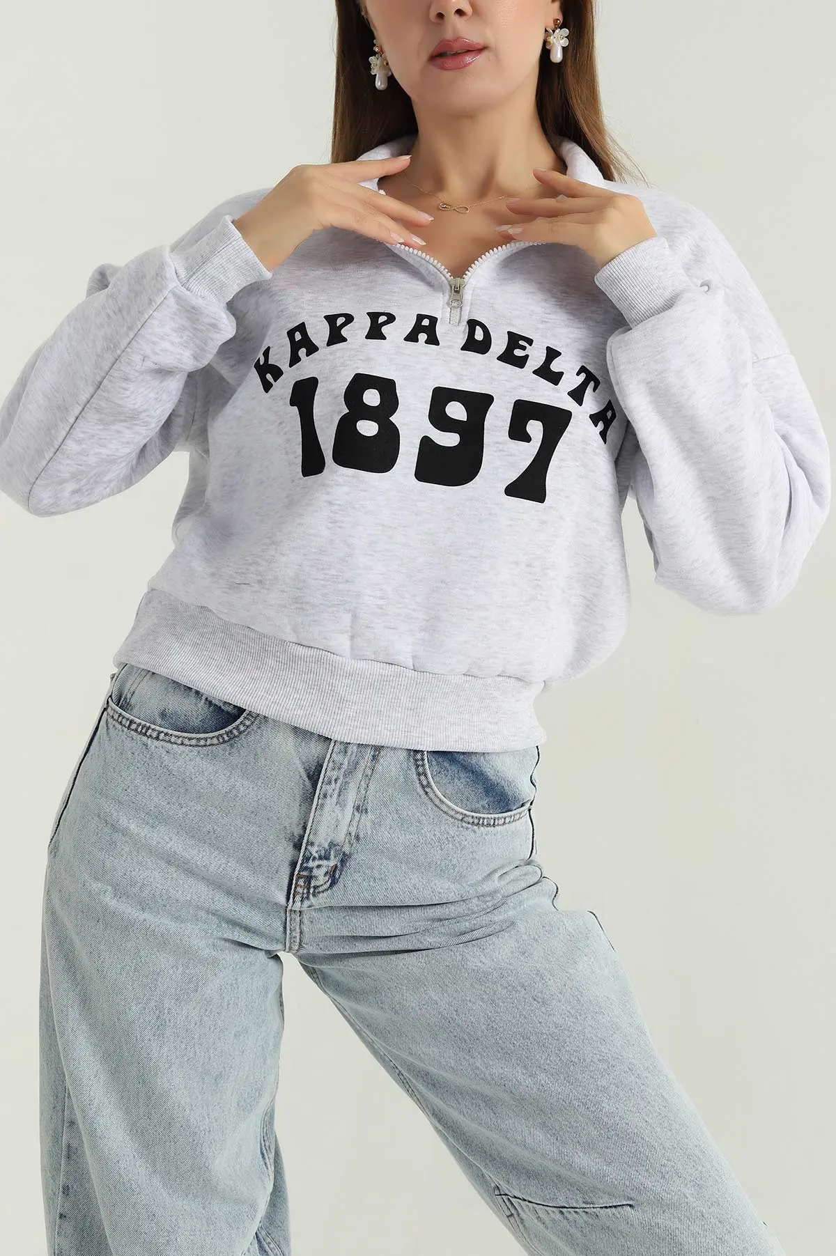 Gri Baskılı Şardonlu Kadın Fermuarlı Sweat 396482