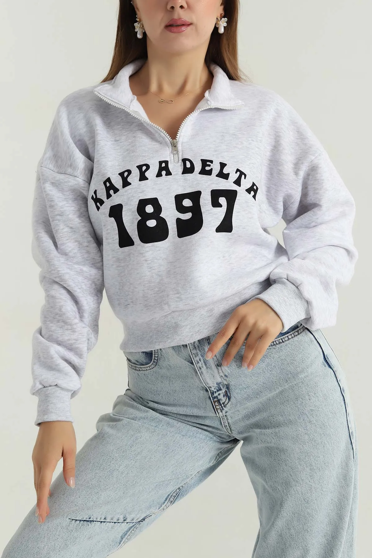 Gri Baskılı Şardonlu Kadın Fermuarlı Sweat 396482