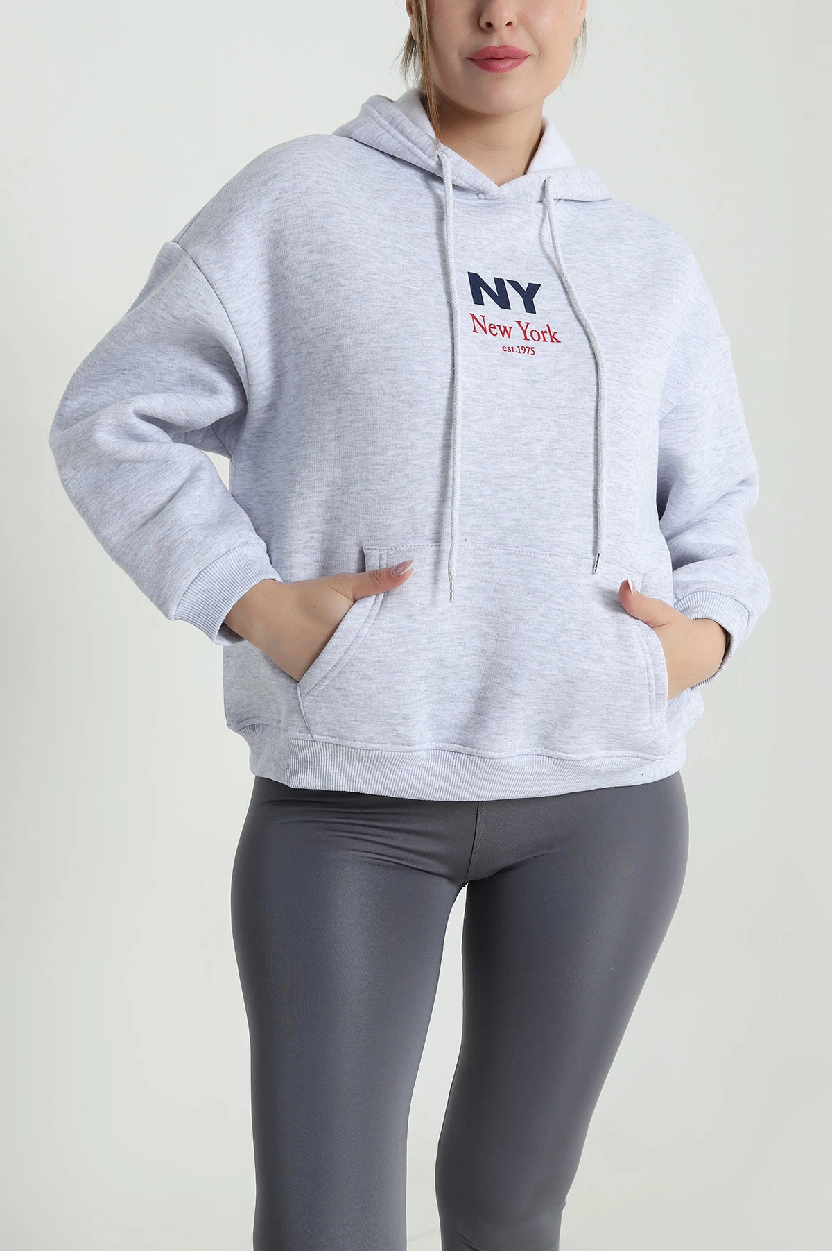 Gri Baskılı Şardonlu Üç İp Kadın Sweat 485034