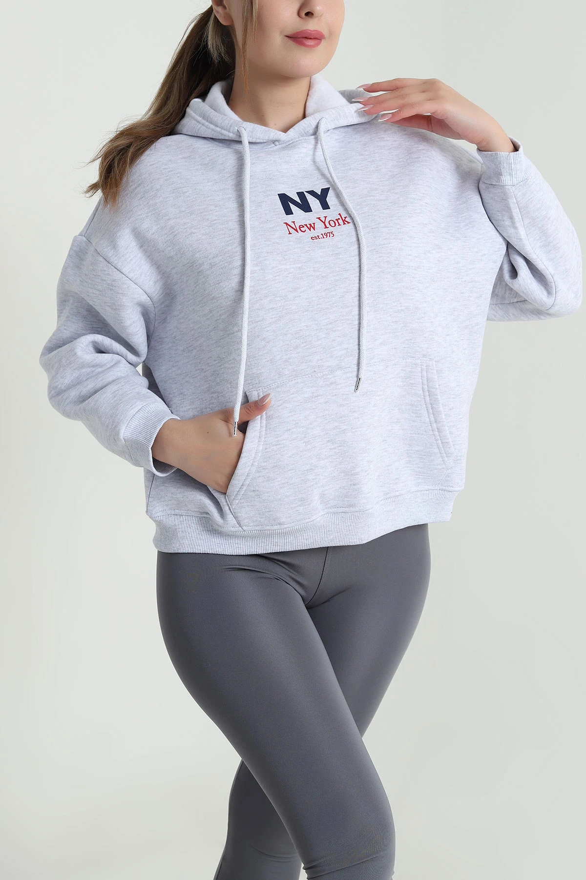 Gri Baskılı Şardonlu Üç İp Kadın Sweat 485034
