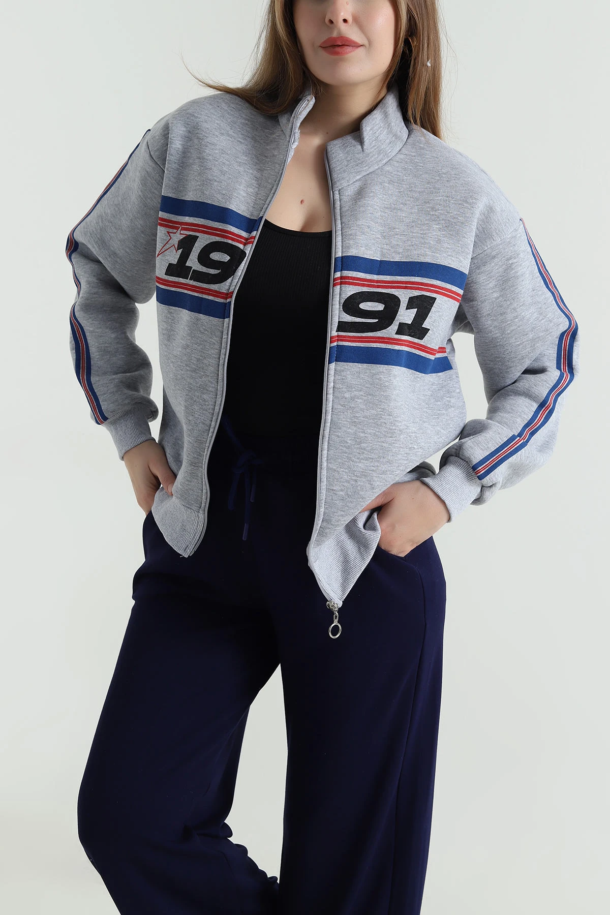 Gri Baskılı Şardonlu Üç İp Kadın Sweat 494880