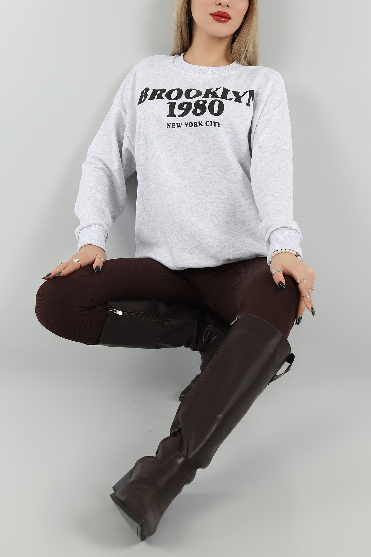 Gri Baskılı Üç İp Bayan Sweat 149542