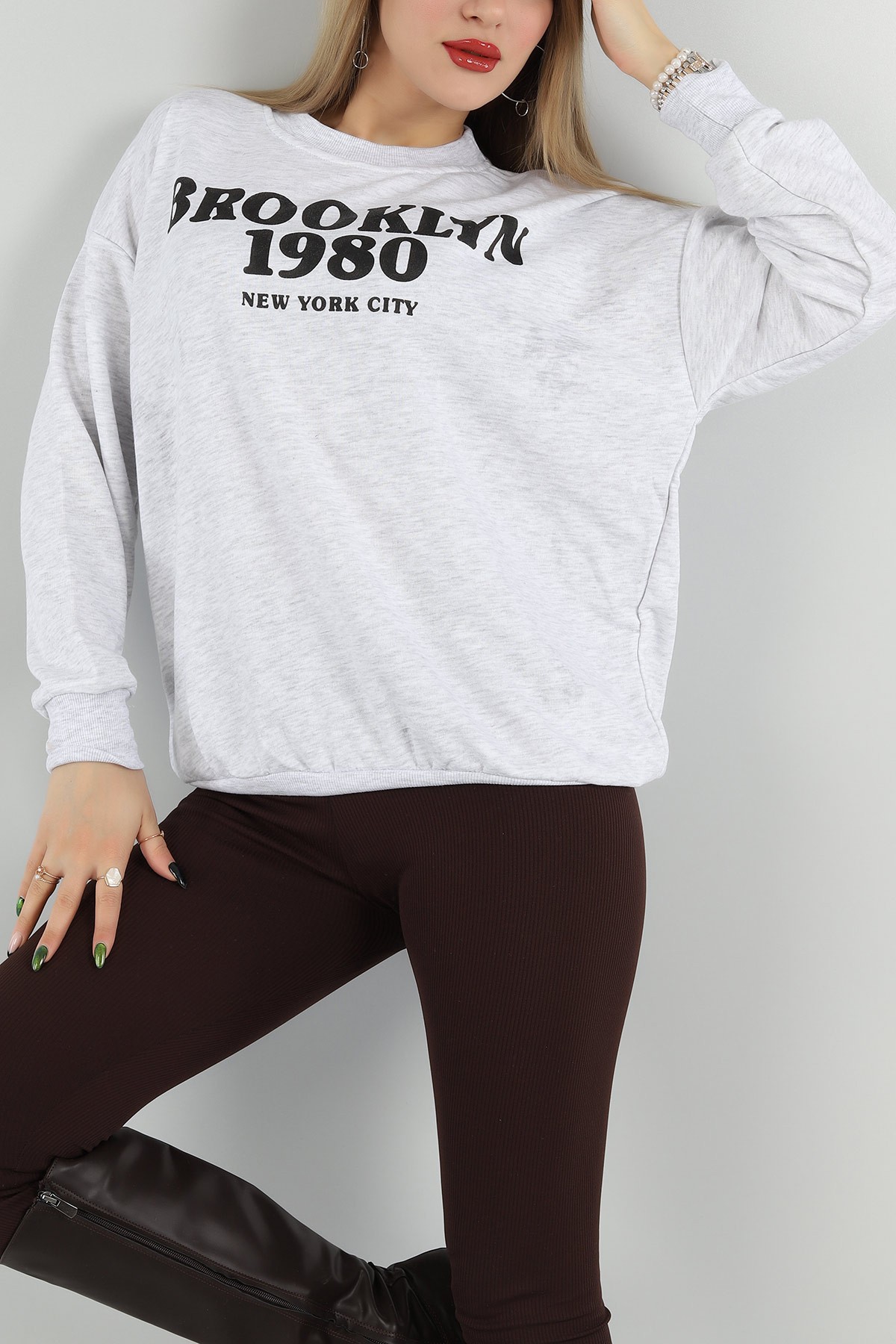 Gri Baskılı Üç İp Bayan Sweat 149542