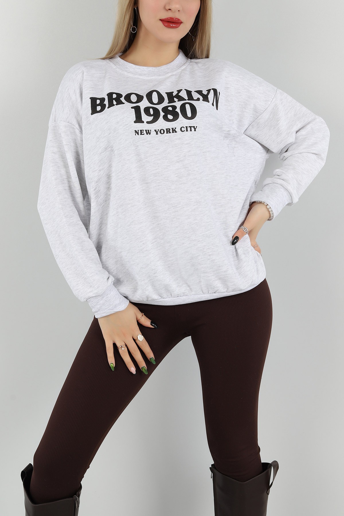 Gri Baskılı Üç İp Bayan Sweat 149542