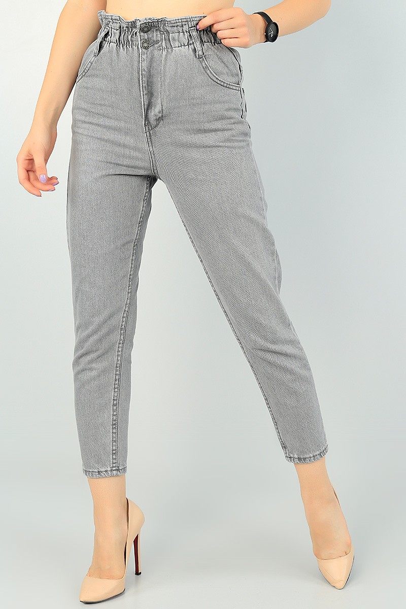 Gri Beli Lastikli Mom Bayan Kot Pantolon 73234