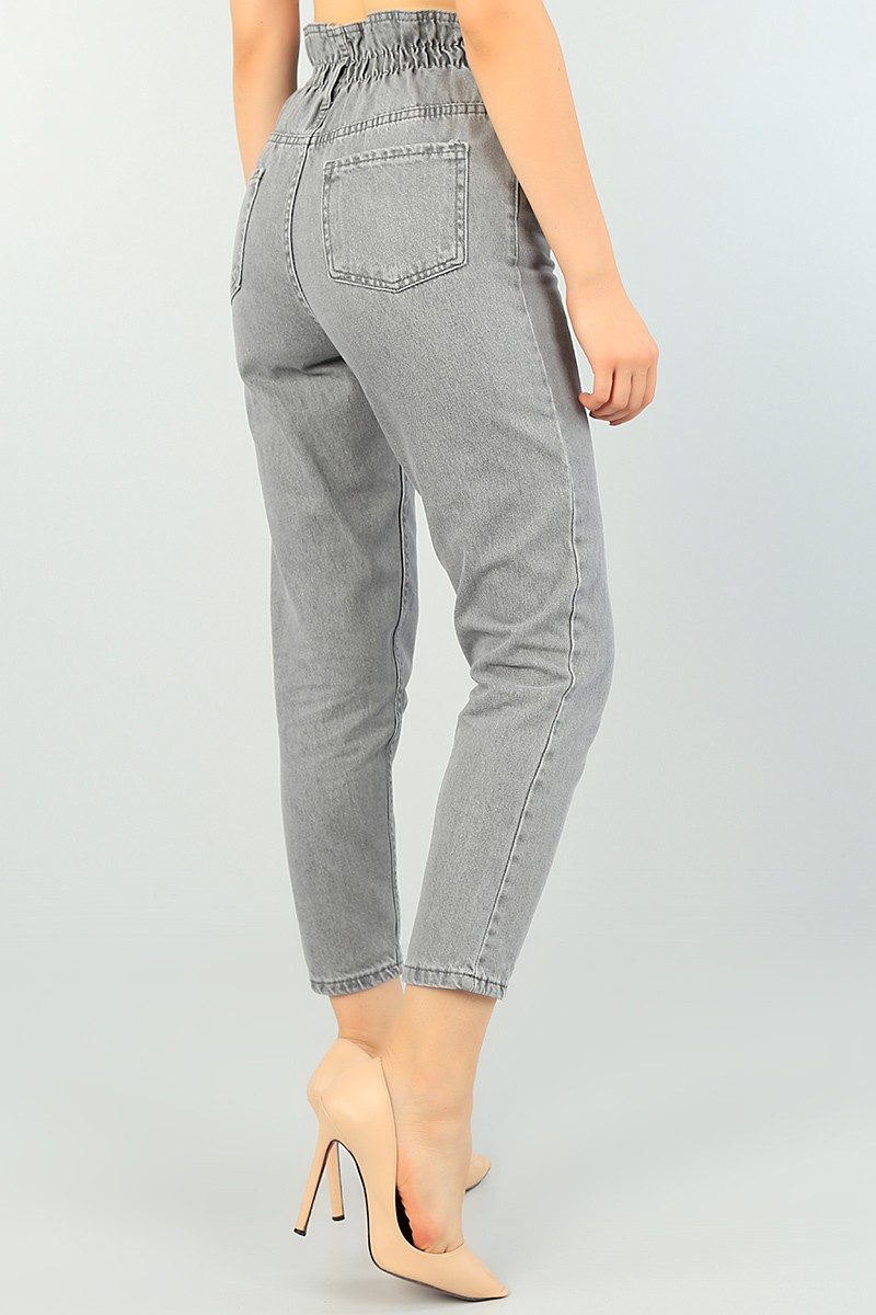 Gri Beli Lastikli Mom Bayan Kot Pantolon 73234