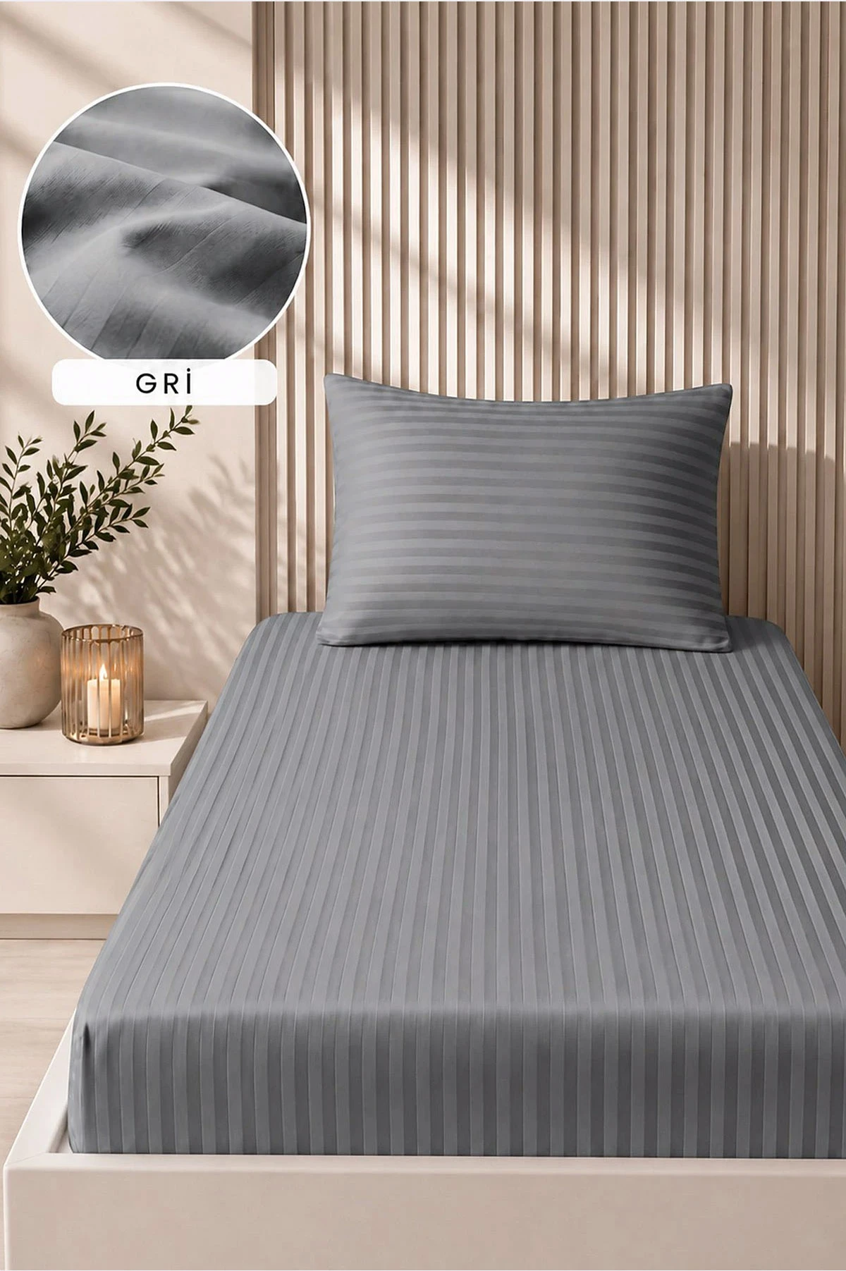 Gri Bella Home 100x200 Cm Tek Kişilik Çizgili Saten Çarşaf Seti 483000