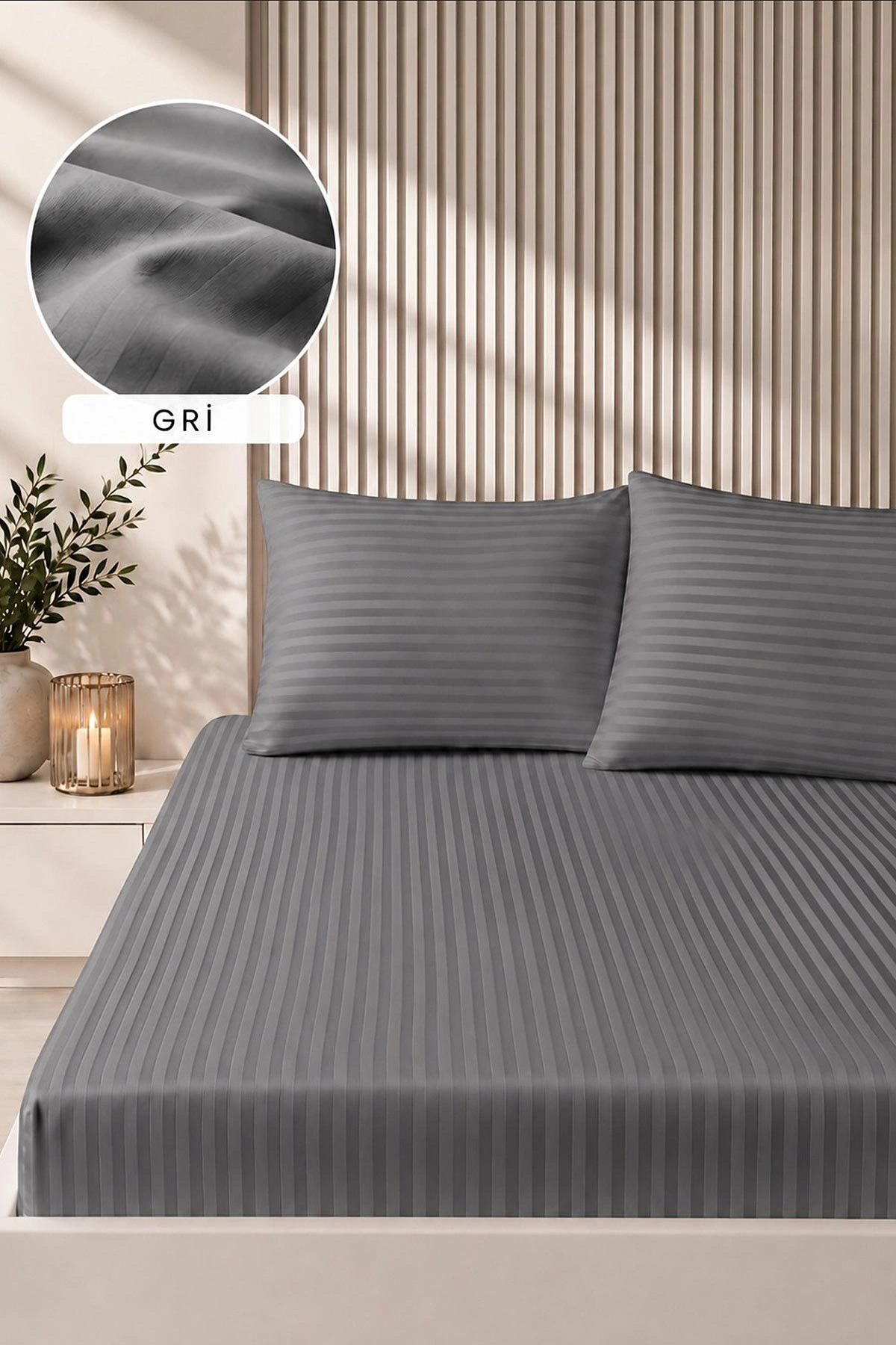 Gri Bella Home 160x200 Cm Çift Kişilik Çizgili Saten Çarşaf Seti 483032