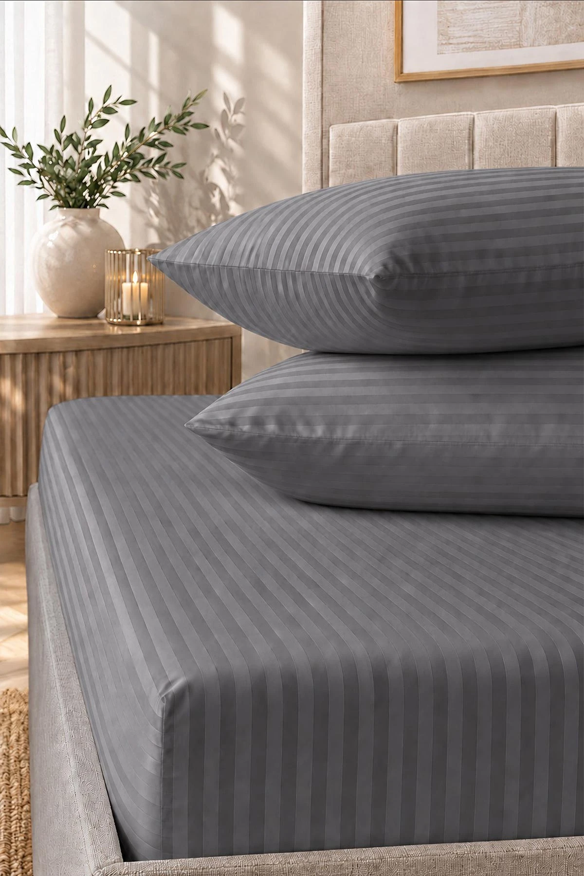 Gri Bella Home 160x200 Cm Çift Kişilik Çizgili Saten Çarşaf Seti 483032