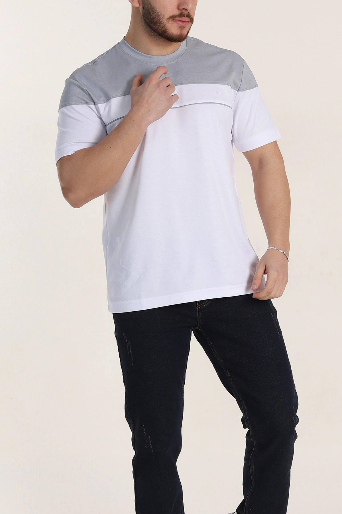 Gri Beyaz Çift Renk Regular Fit Jakarlı Erkek Tişört 346249