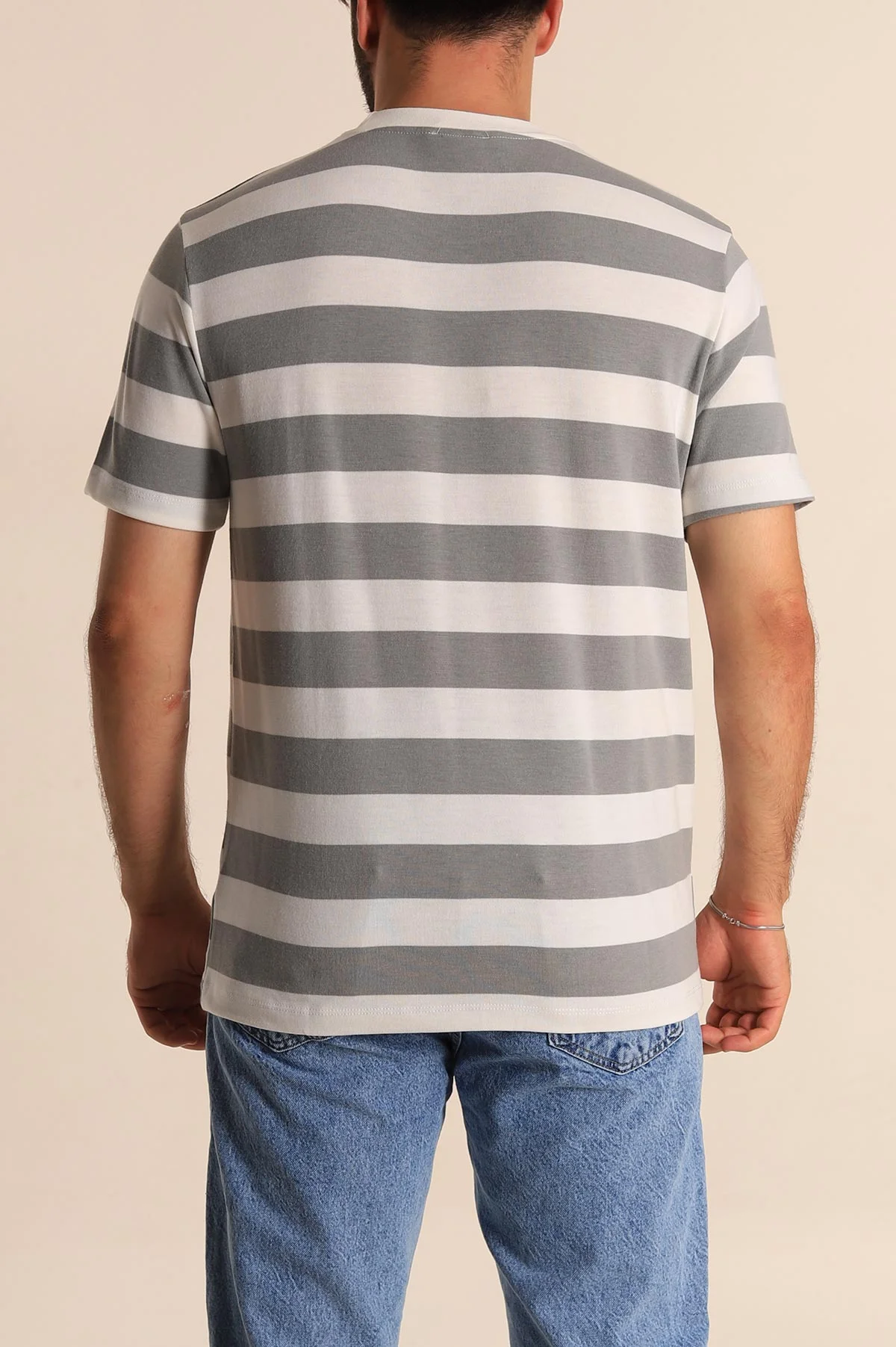 Gri Beyaz Çizgili Relaxed Fit Erkek Triko Tişört 279243