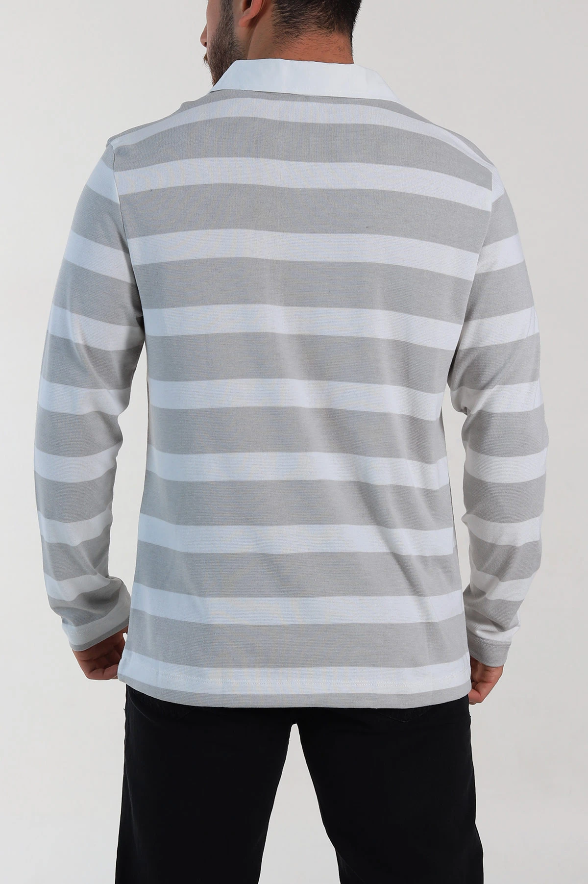 Gri Beyaz Çizgili Relaxed Fit Polo Yaka Erkek İnce Sweatshirt 309099