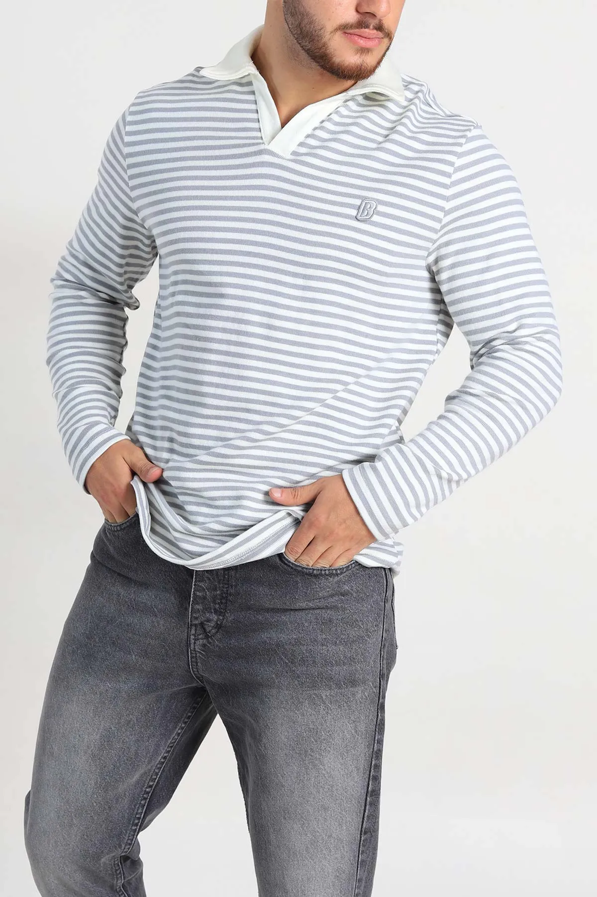 Gri Beyaz Çizgili Relaxed Fit Polo Yaka Erkek Triko Kazak 309036