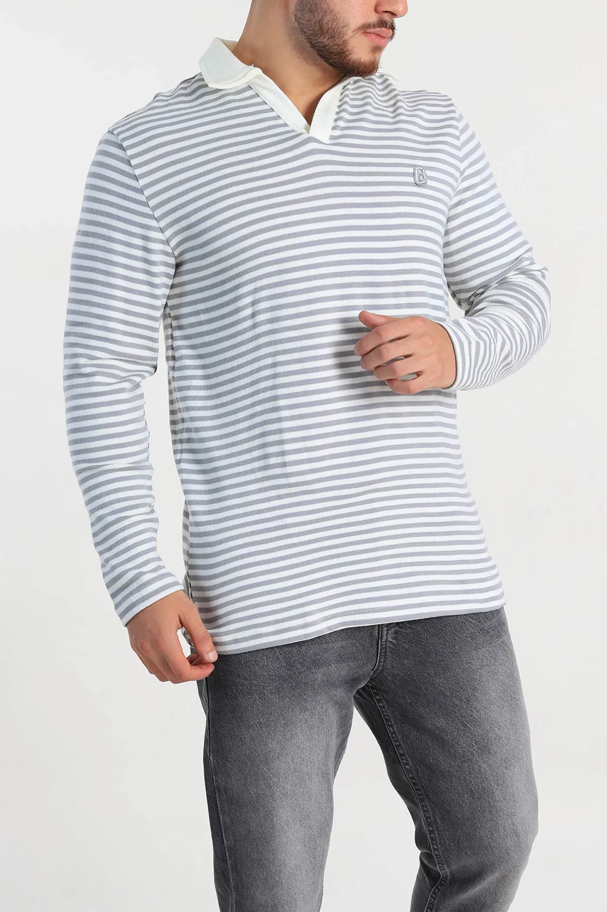 Gri Beyaz Çizgili Relaxed Fit Polo Yaka Erkek Triko Kazak 309036