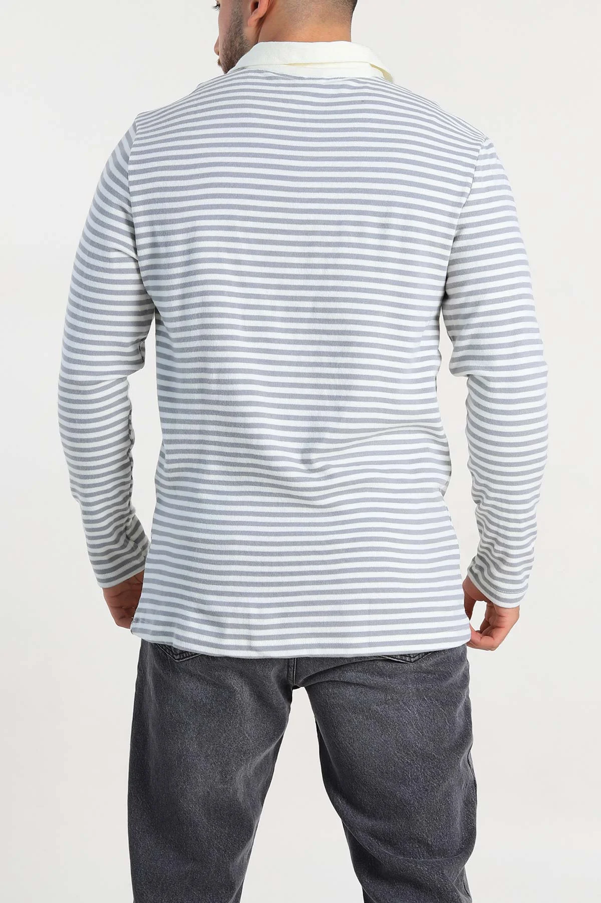 Gri Beyaz Çizgili Relaxed Fit Polo Yaka Erkek Triko Kazak 309036