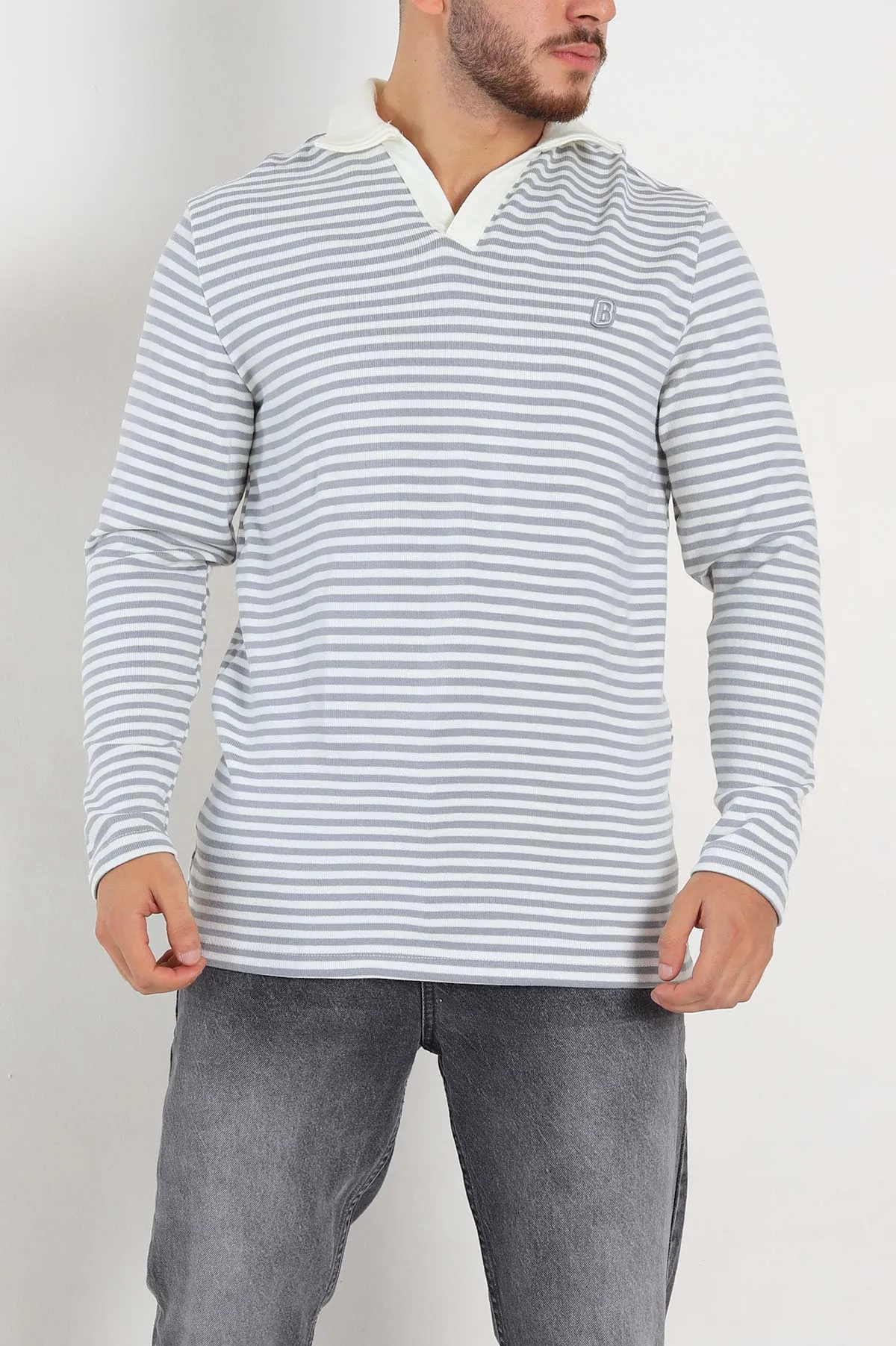 Gri Beyaz Çizgili Relaxed Fit Polo Yaka Erkek Triko Kazak 309036