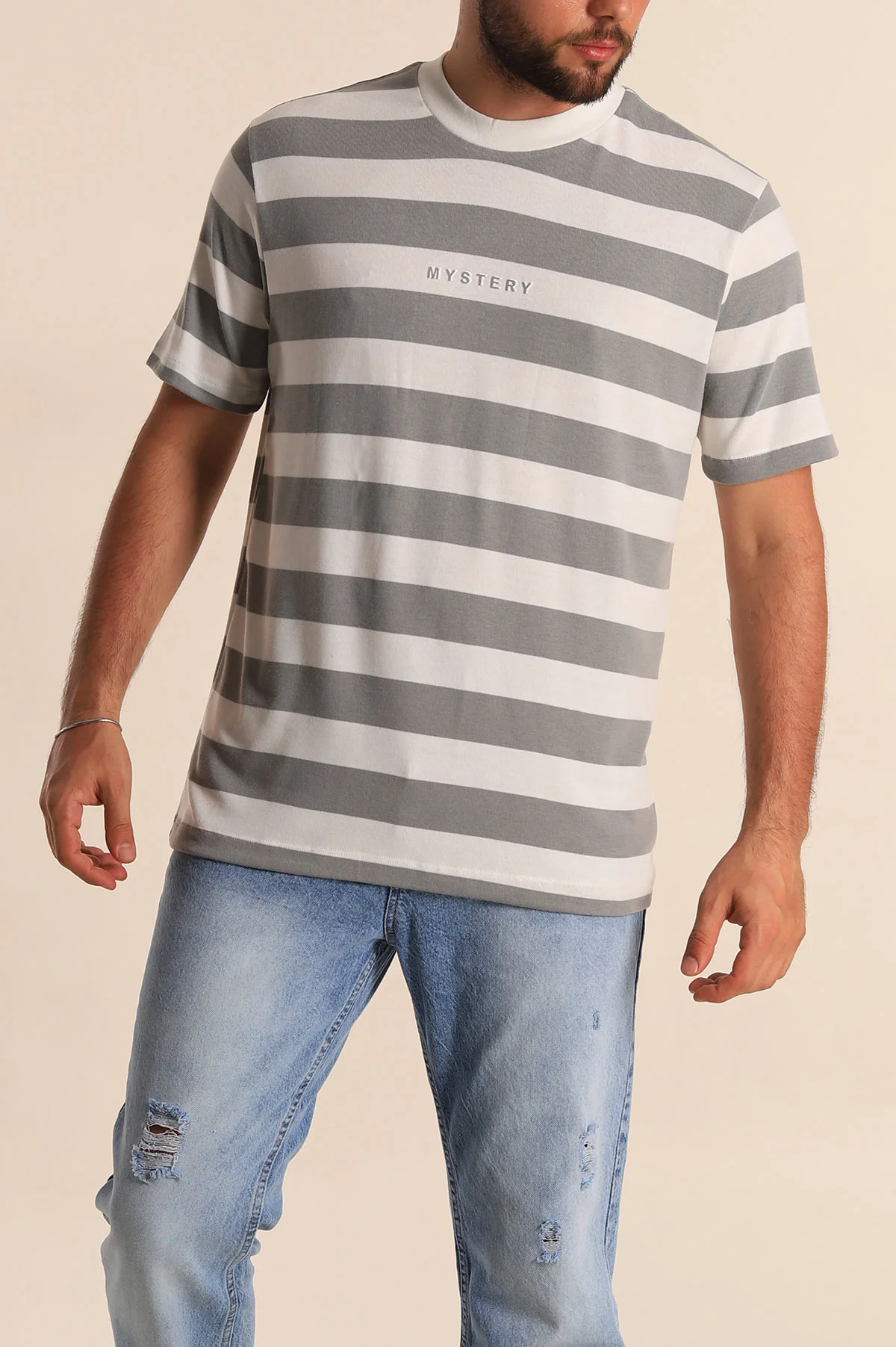 Gri Beyaz Çizgili Relaxed Fit Yazı Detay Erkek Triko Tişört 279248