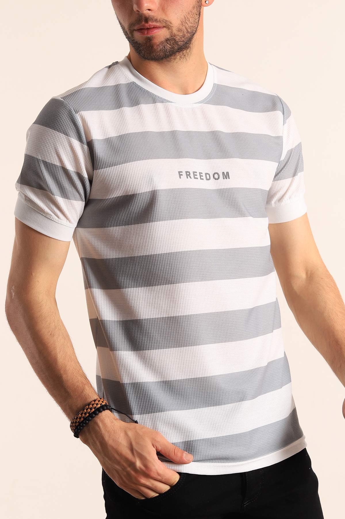 Gri Beyaz Çizgili Slim Fit Dokulu Erkek Tişört 186866