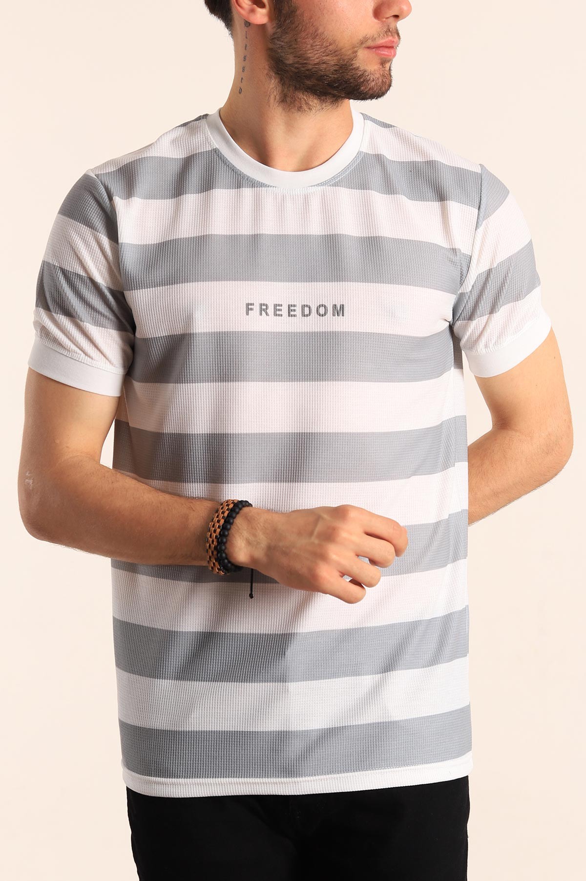 Gri Beyaz Çizgili Slim Fit Dokulu Erkek Tişört 186866