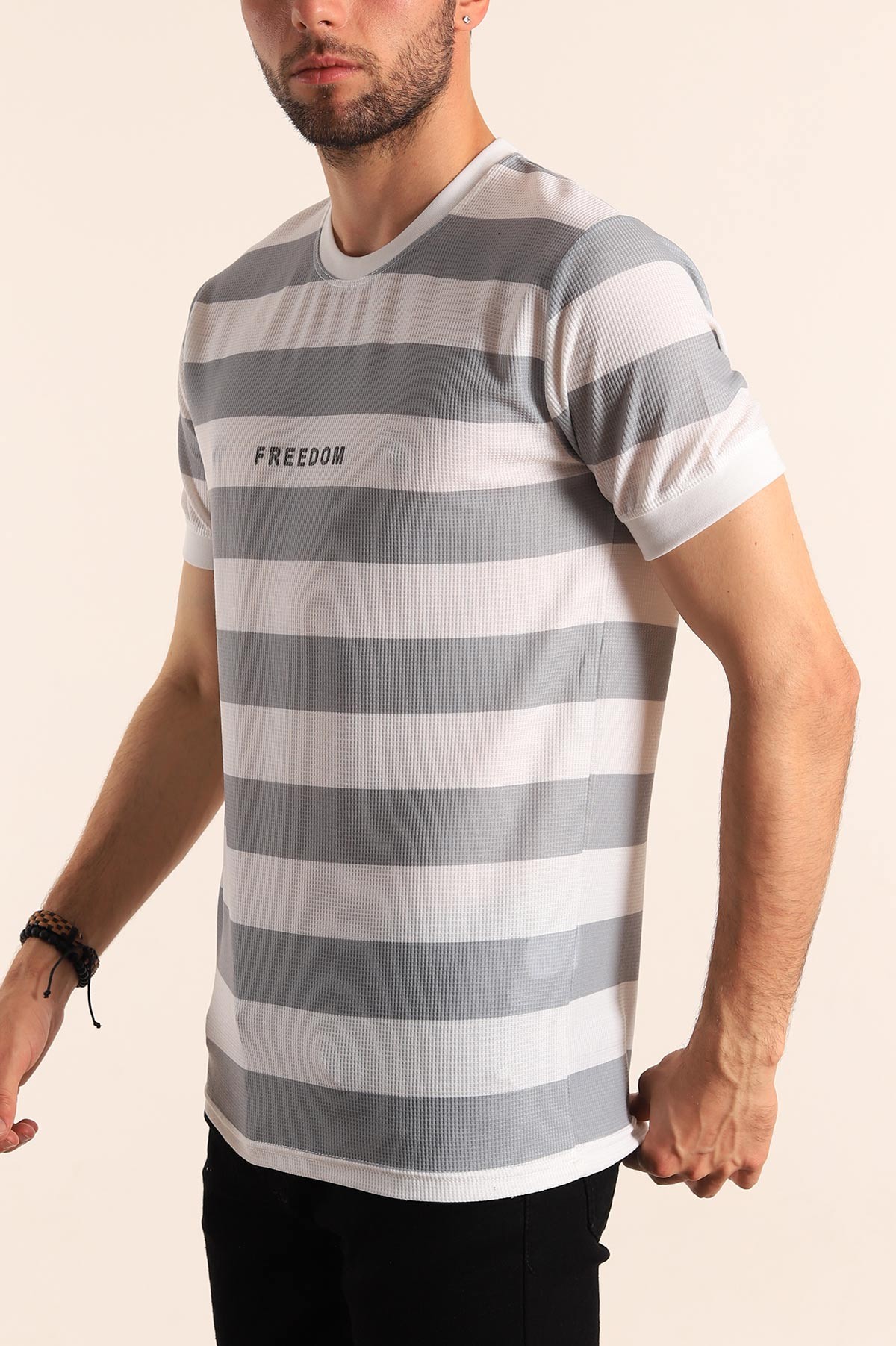Gri Beyaz Çizgili Slim Fit Dokulu Erkek Tişört 186866