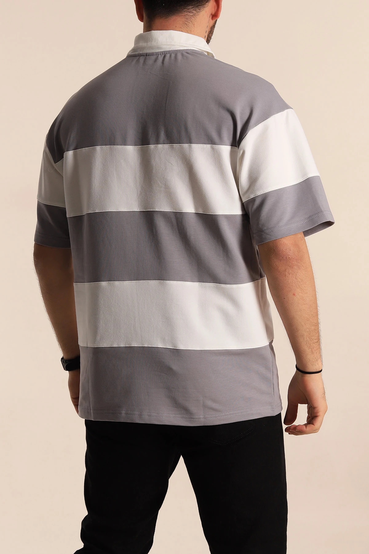 Gri Beyaz Geniş Çizgili Oversize İki İp Polo Yaka Erkek Tişört 268916