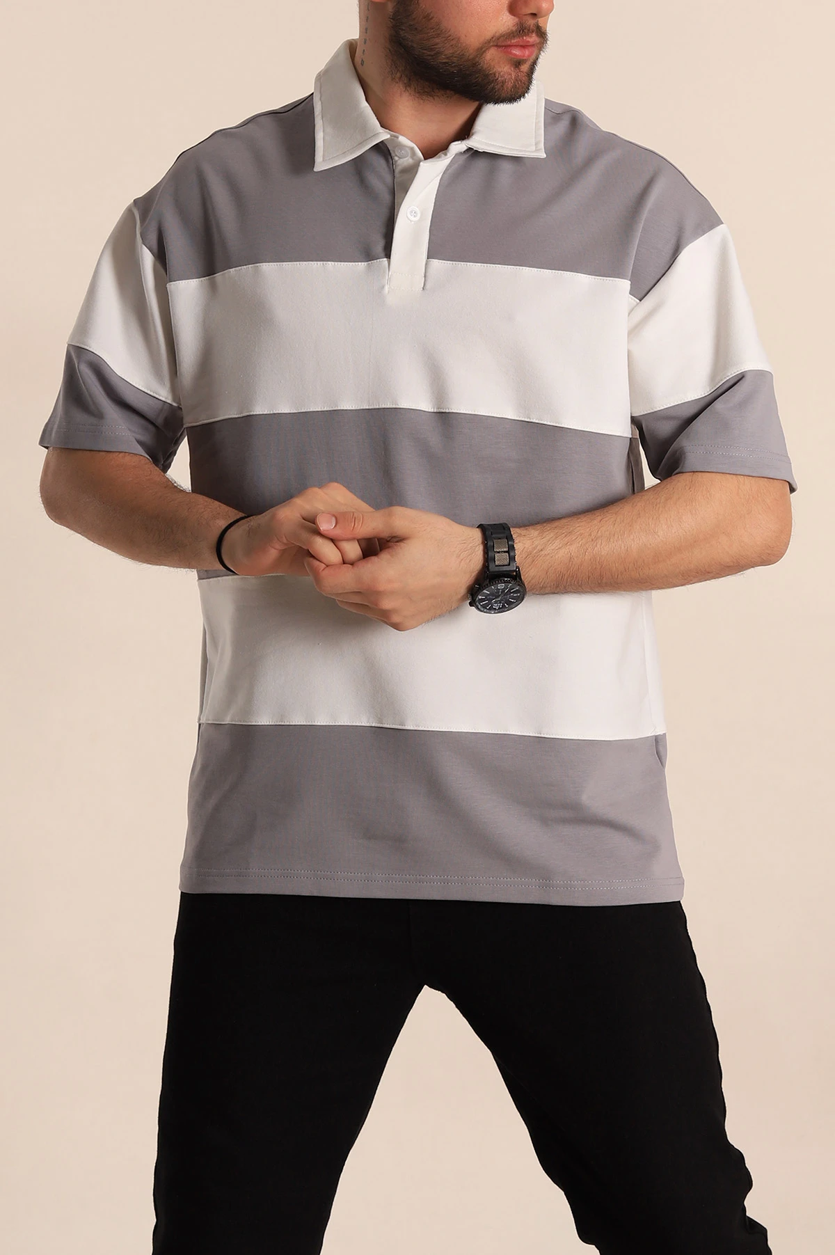 Gri Beyaz Geniş Çizgili Oversize İki İp Polo Yaka Erkek Tişört 268916