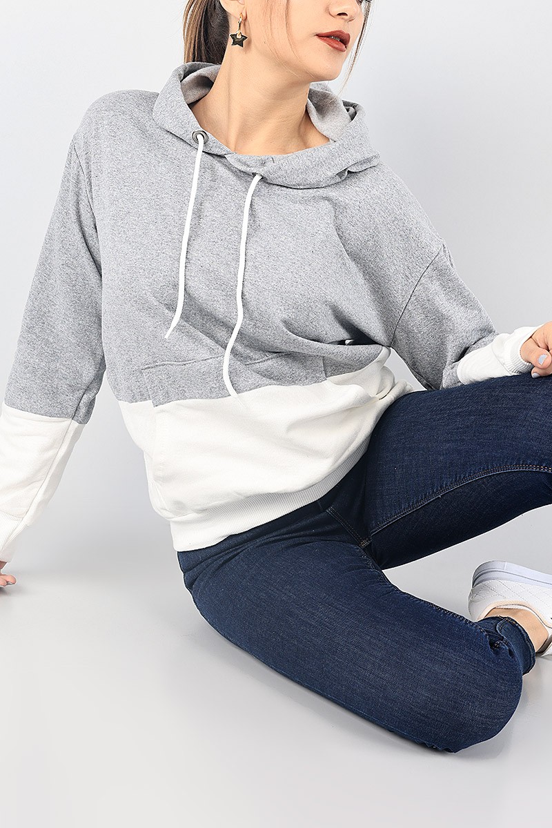 Gri Beyaz Kapüşonlu İçi Şardonlu Sweat 87763