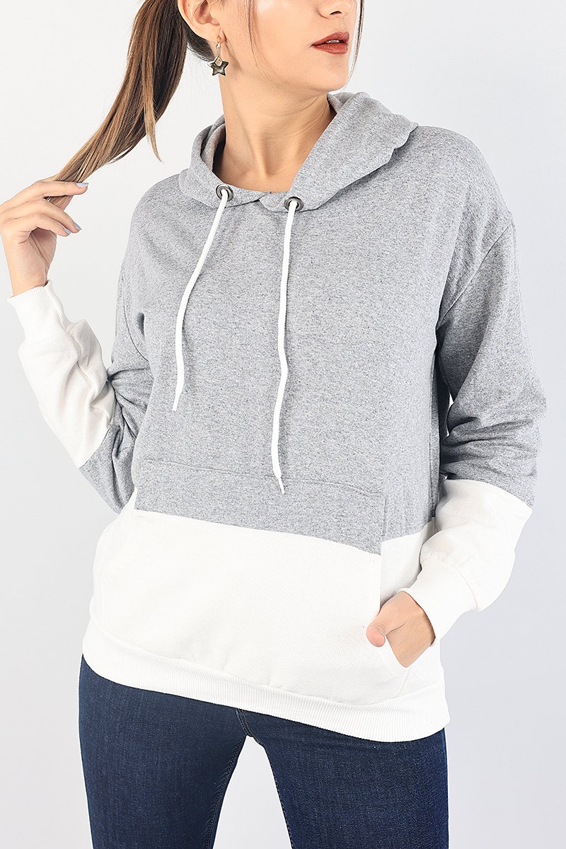 Gri Beyaz Kapüşonlu İçi Şardonlu Sweat 87763