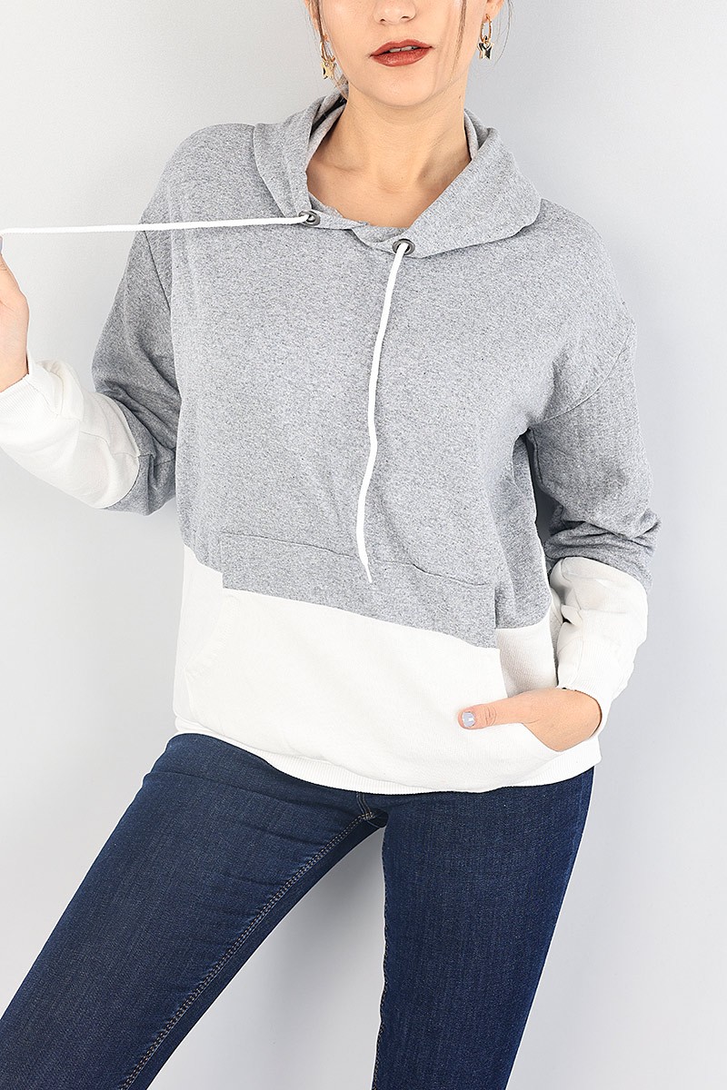Gri Beyaz Kapüşonlu İçi Şardonlu Sweat 87763