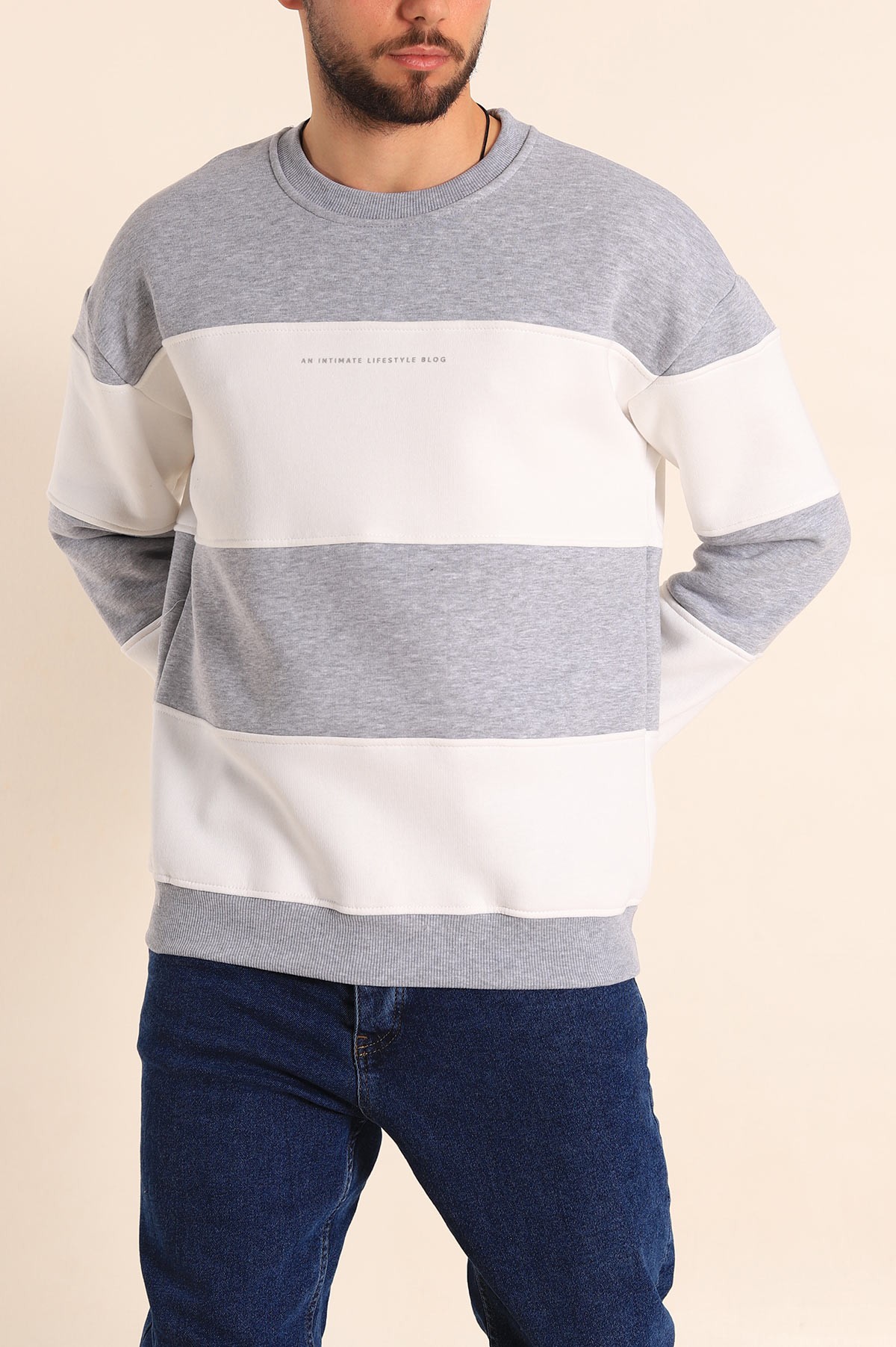 Gri Beyaz Oversize Üç İp Şardonlu Kabartma Yazılı Erkek Sweatshirt 222557