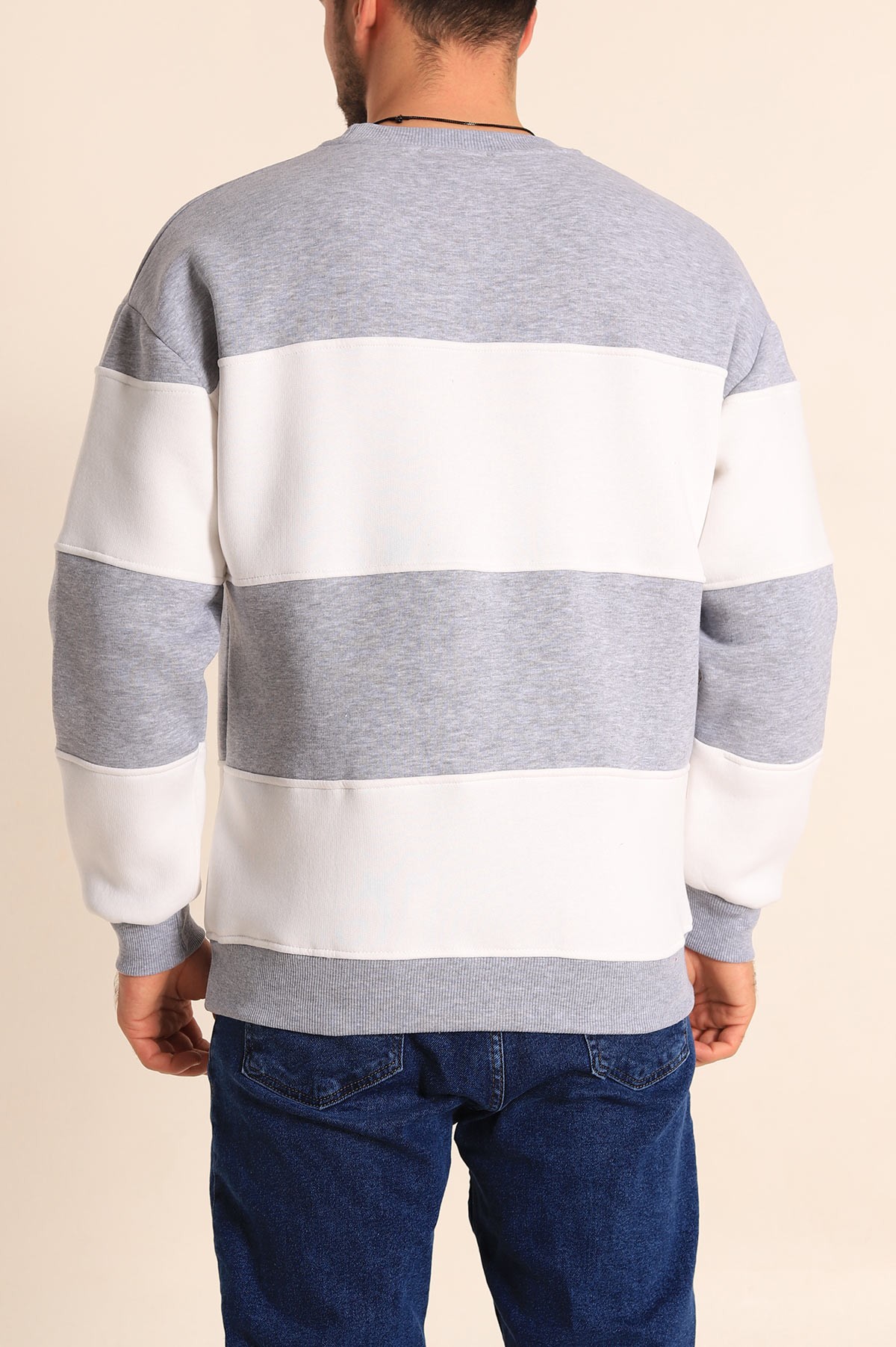 Gri Beyaz Oversize Üç İp Şardonlu Kabartma Yazılı Erkek Sweatshirt 222557