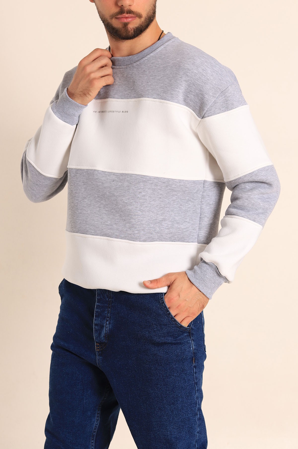 Gri Beyaz Oversize Üç İp Şardonlu Kabartma Yazılı Erkek Sweatshirt 222557