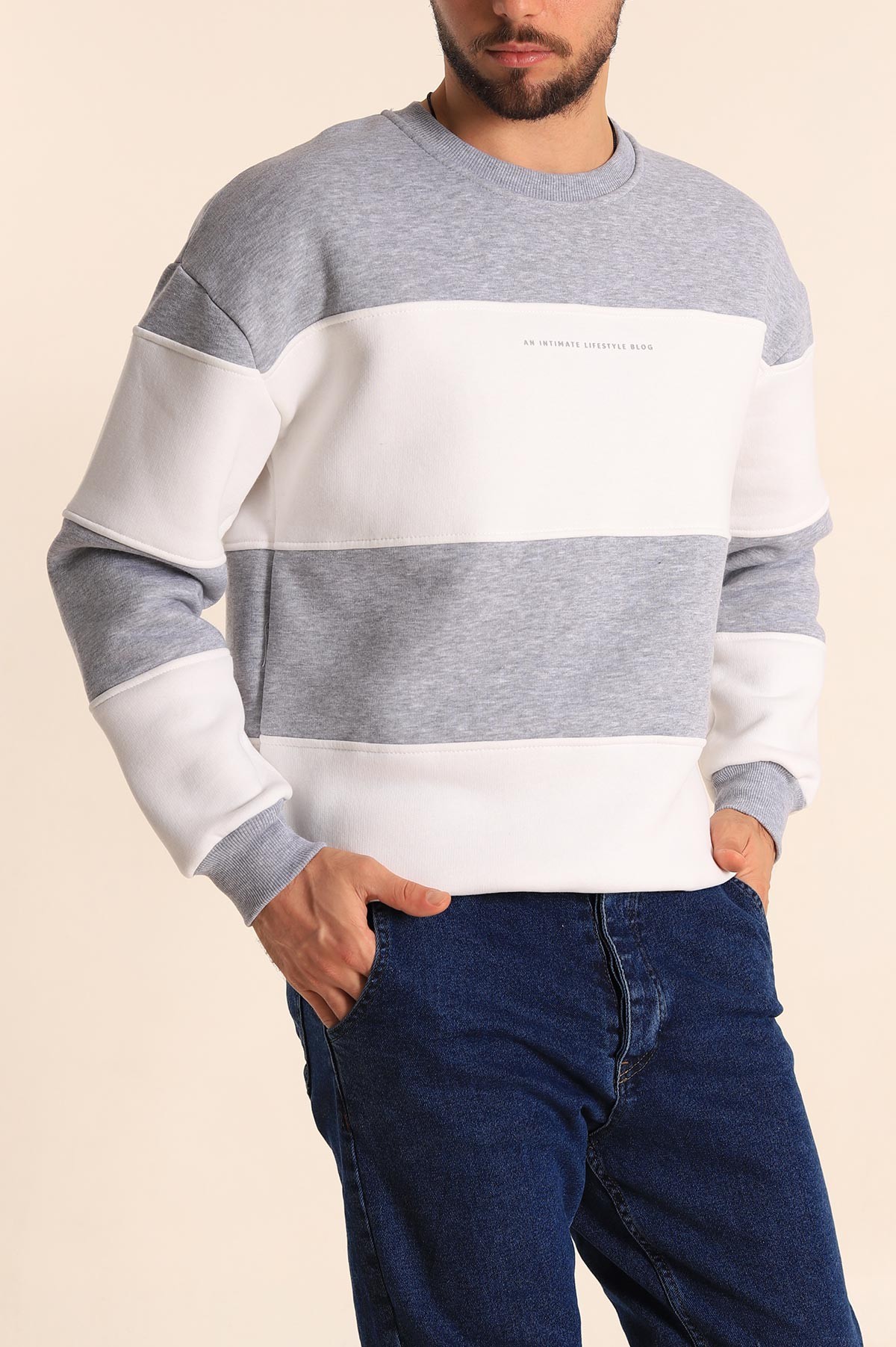 Gri Beyaz Oversize Üç İp Şardonlu Kabartma Yazılı Erkek Sweatshirt 222557