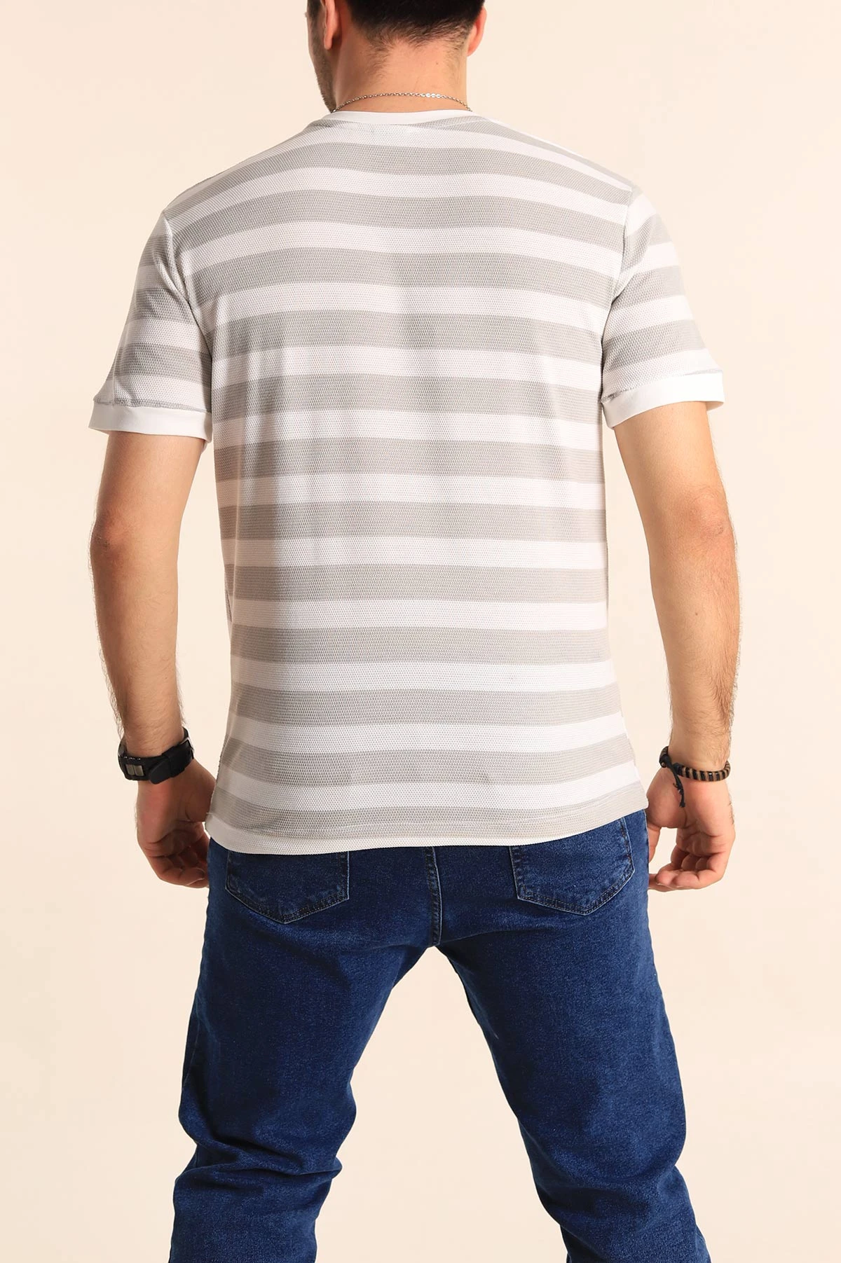 Gri Beyaz Regular Fit Çizgili Yazı Detay Erkek Tişört 252186