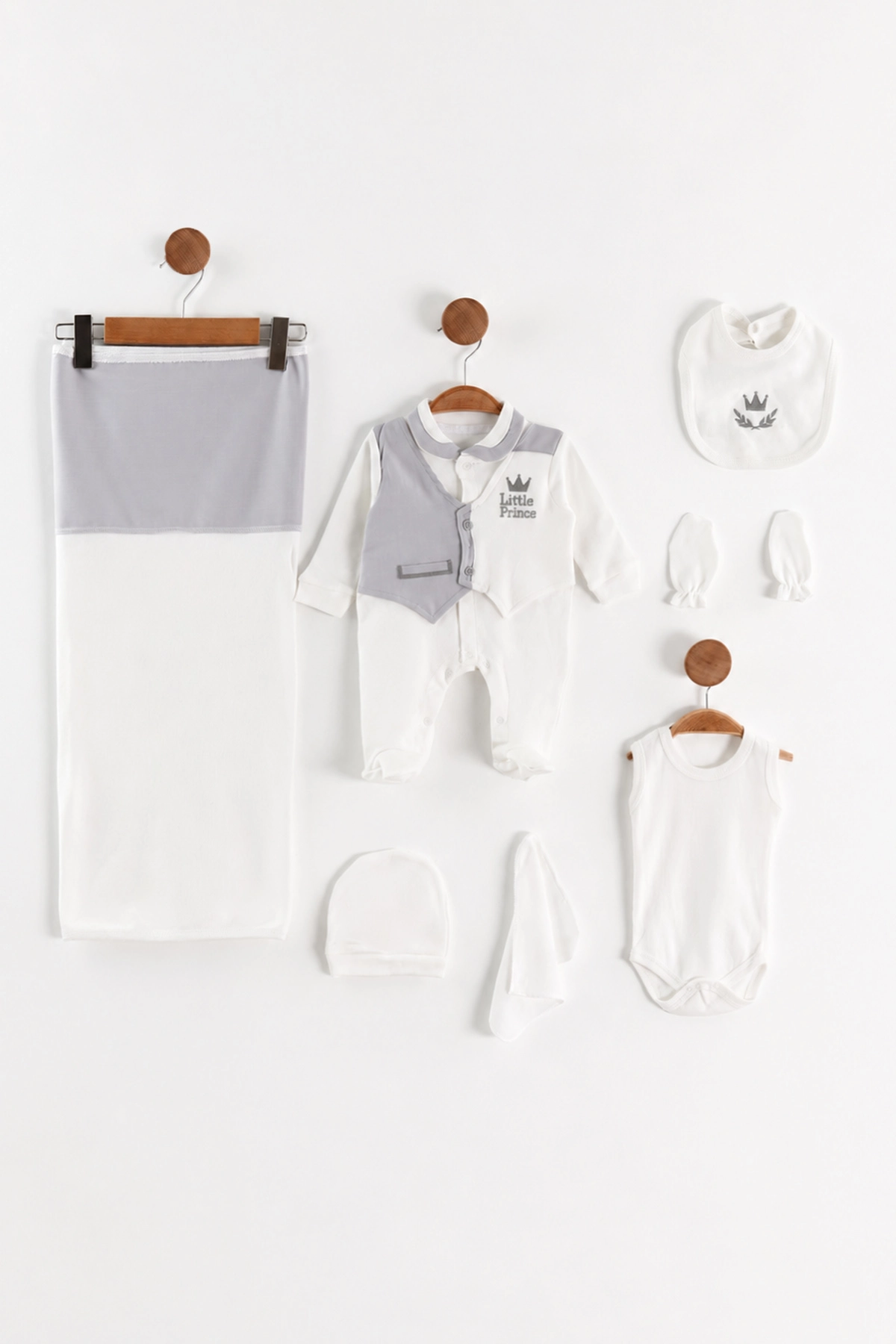 Gri Beyaz(0-3 Ay)Little Prince Nakışlı Tulum, Battaniye ve 7'li Hastane Çıkış Seti 476848