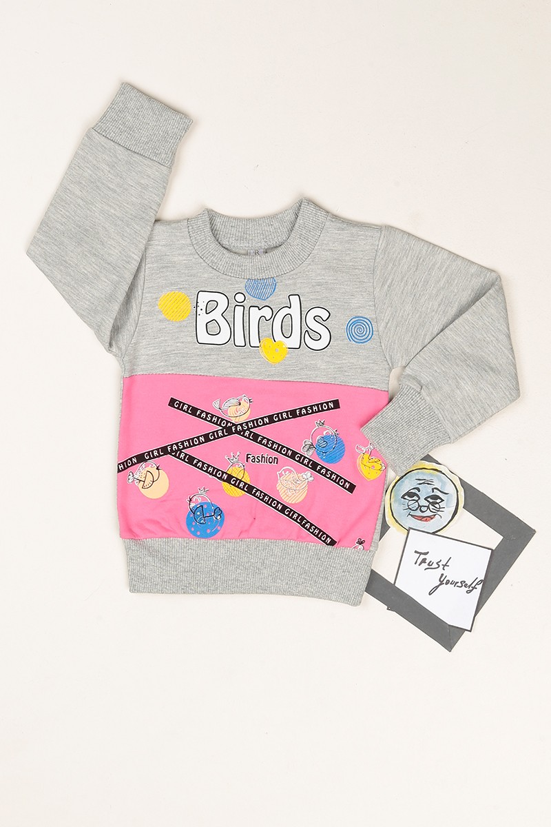 Gri Birds Baskılı İçi Şardonlu Kız Çocuk Sweatshirt 80609