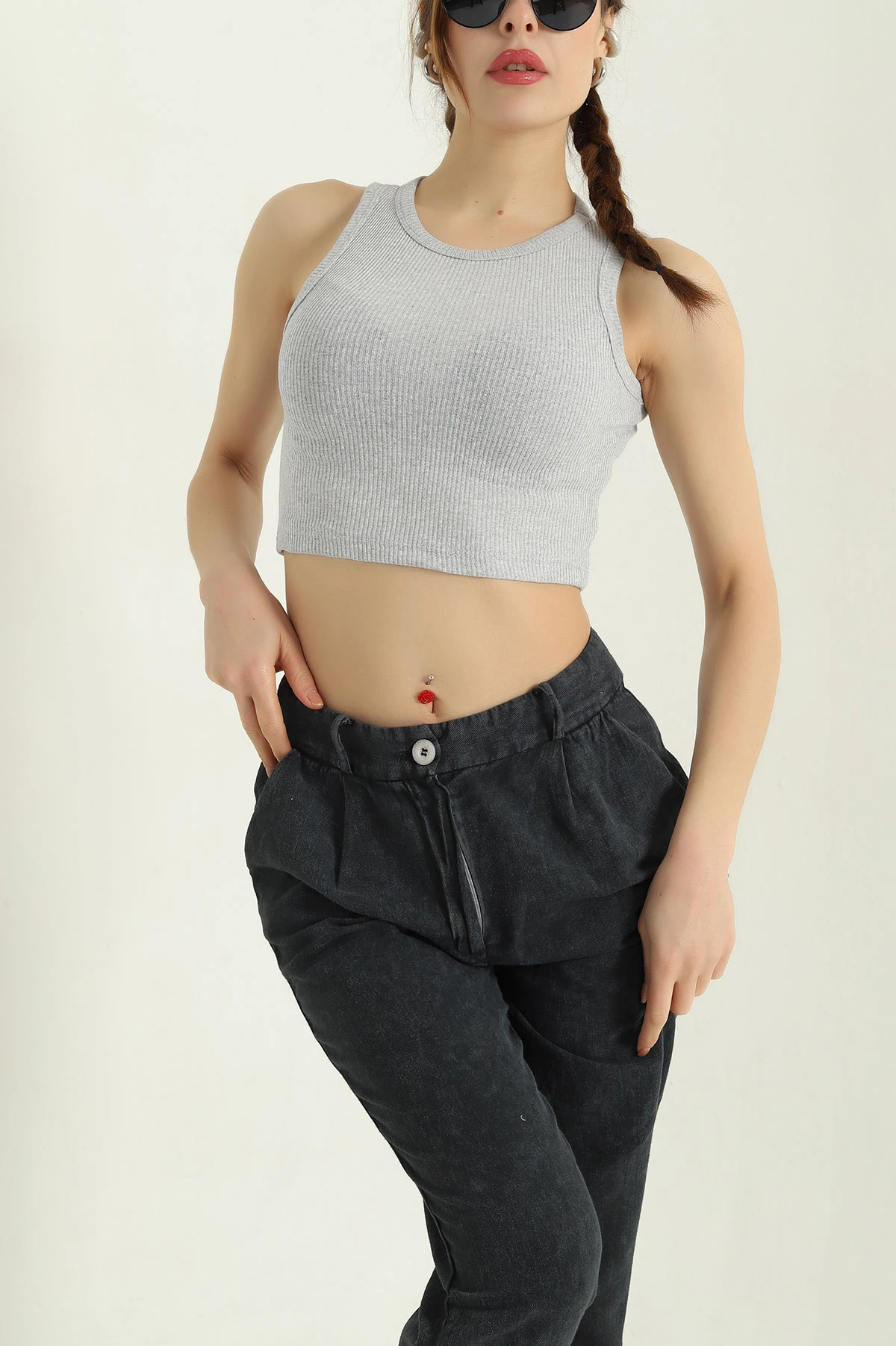 Gri Bisiklet Yaka Crop Atlet 336803