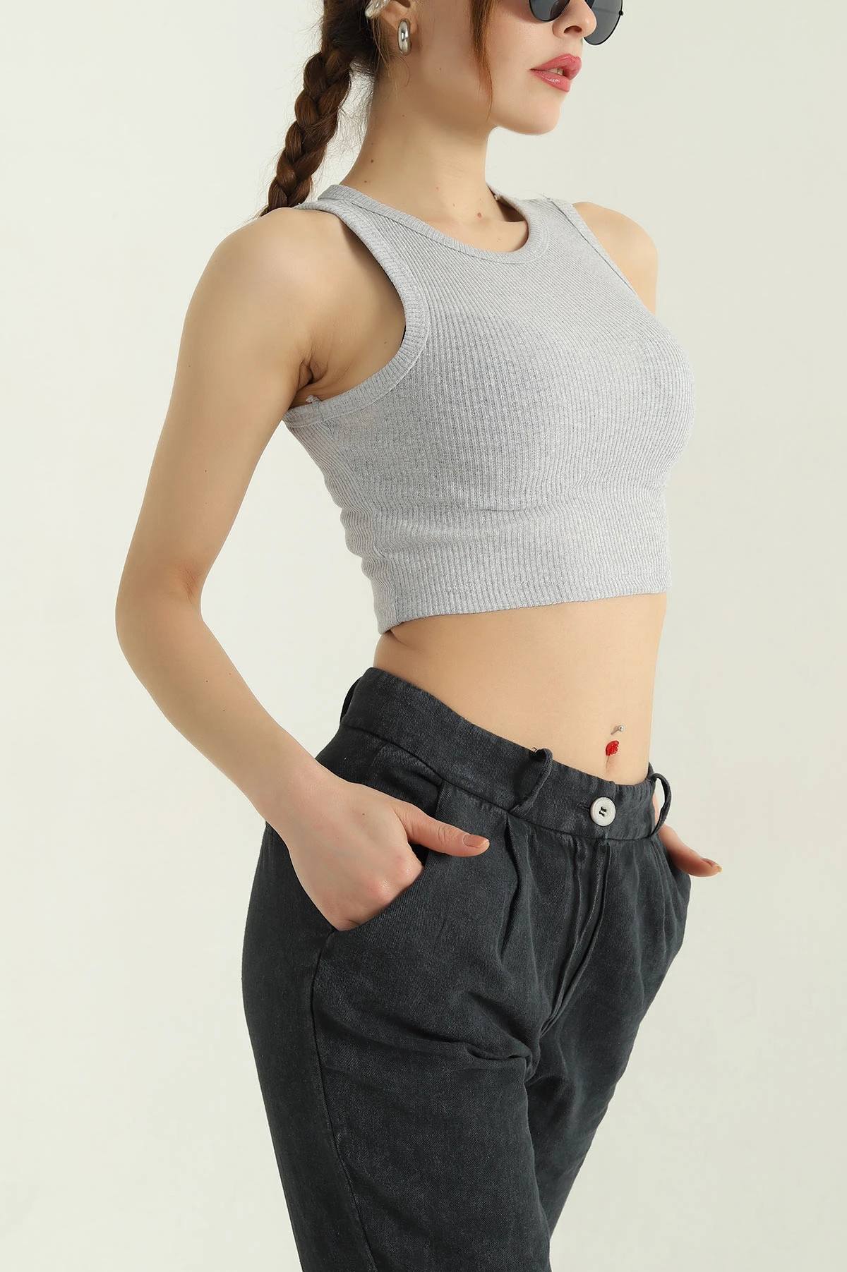 Gri Bisiklet Yaka Crop Atlet 336803