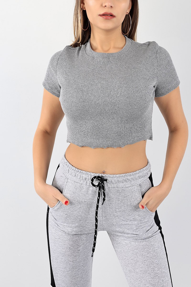 Gri Bisiklet Yaka Fitilli Crop 97038