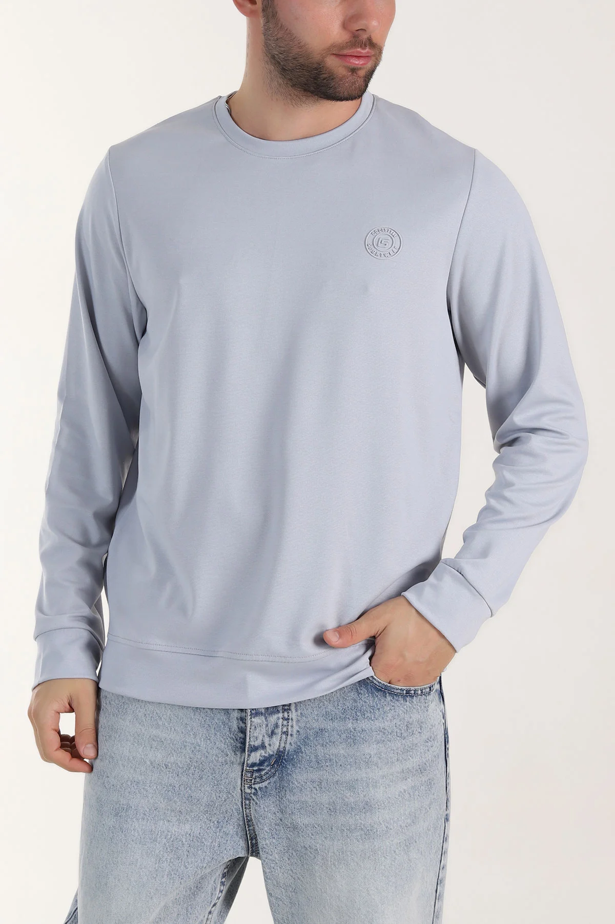 Gri Bisiklet Yaka Likralı Erkek Sweatshirt 410581