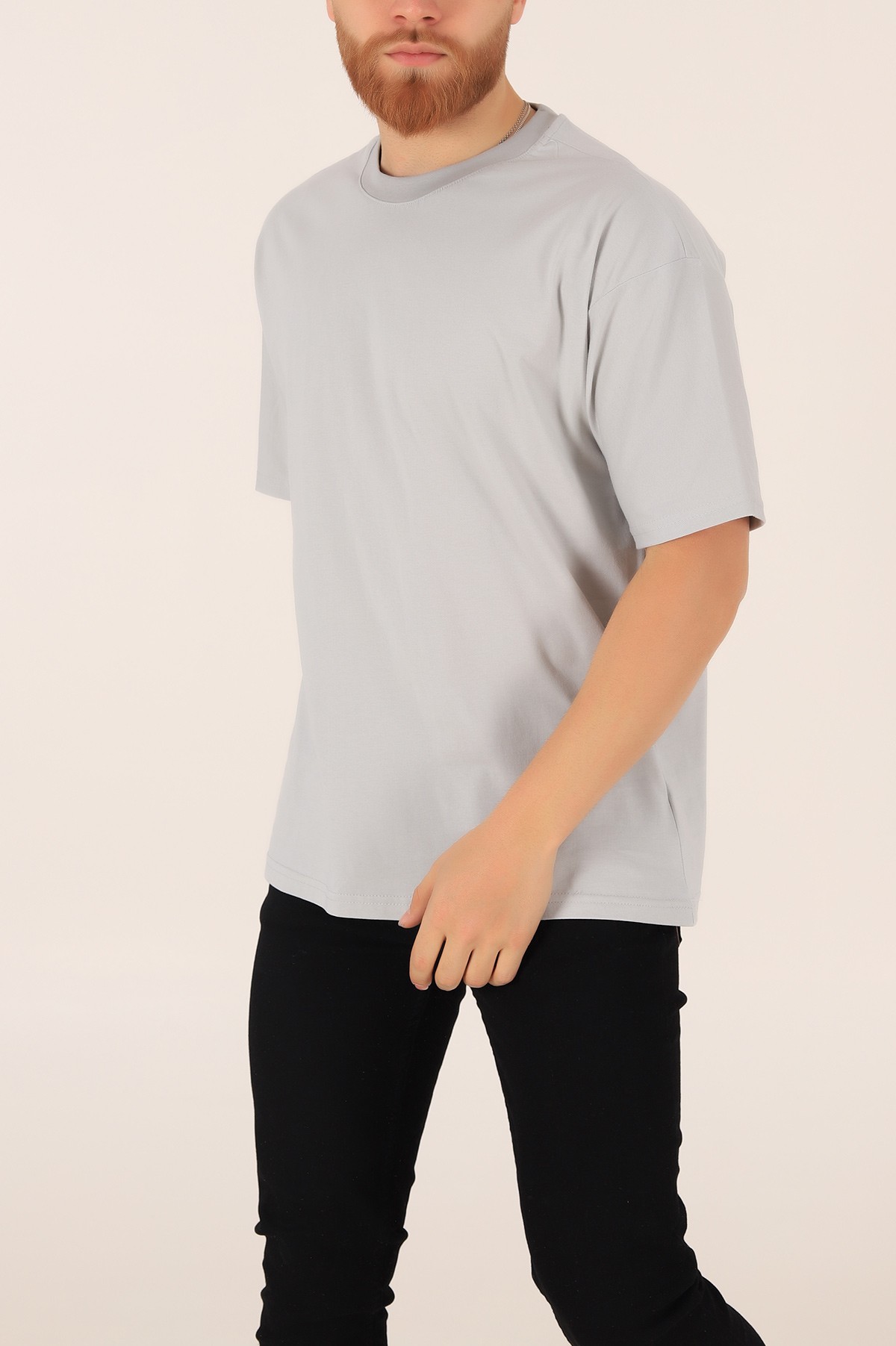 Gri Bisiklet Yaka Oversize Erkek Tişört 169585