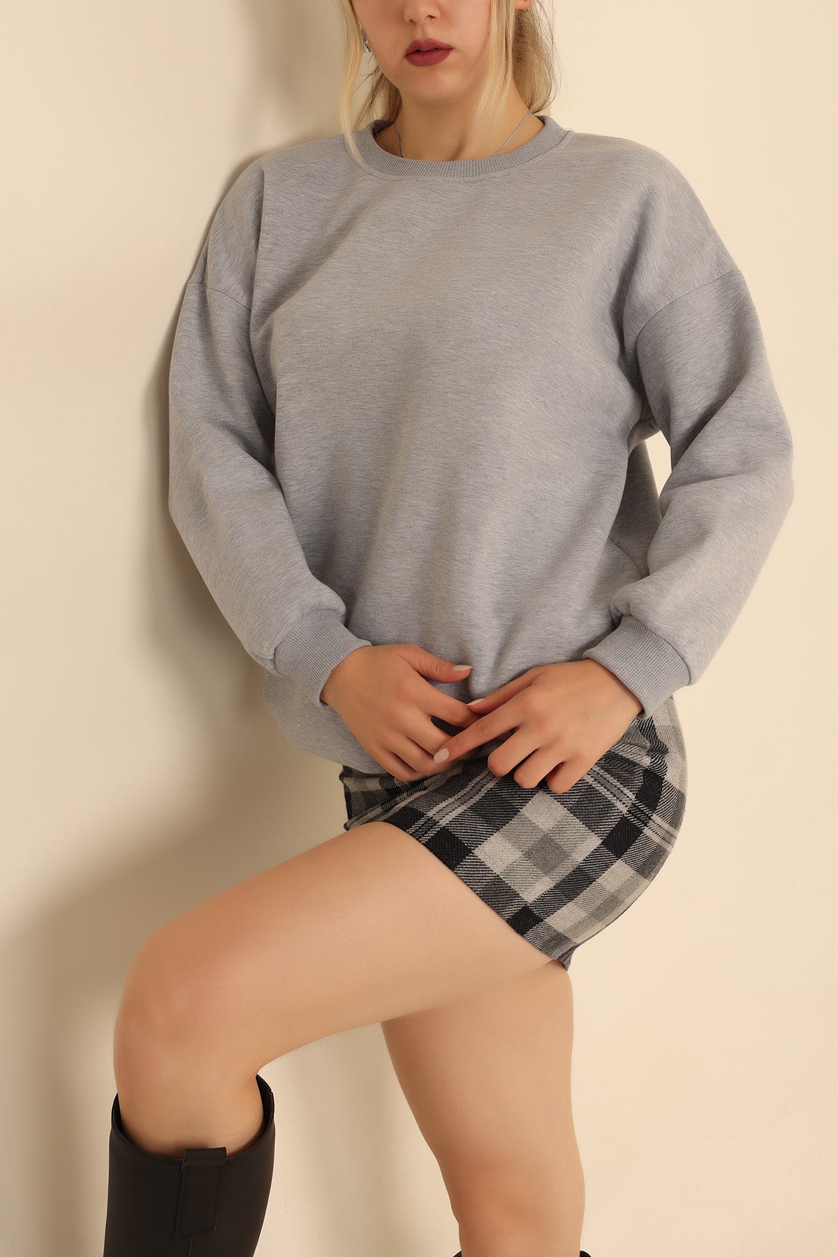 Gri Bisiklet Yaka Şardonlu Sweat 216604
