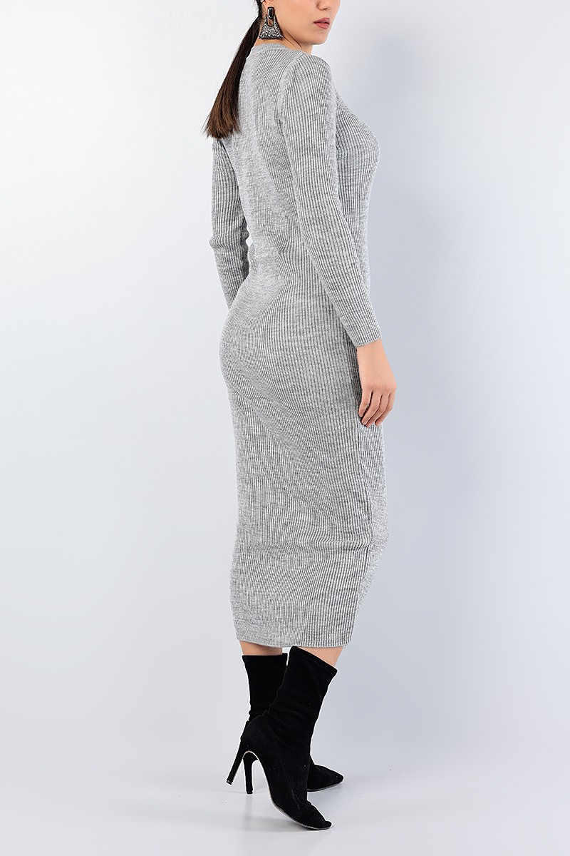 Gri Bisiklet Yaka Triko Elbise 76077