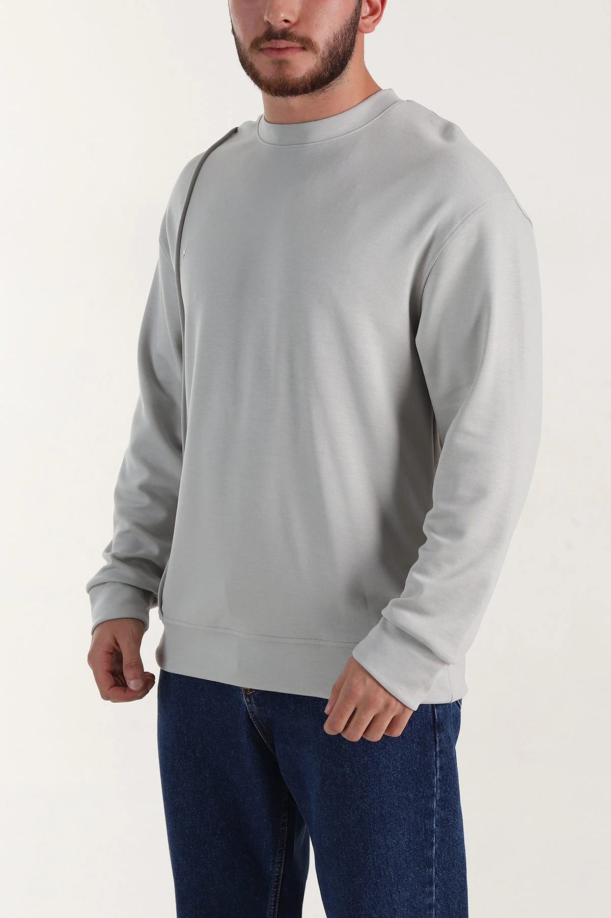 Gri Bisiklet Yaka Uzun Kollu Erkek Sweatshirt 396970