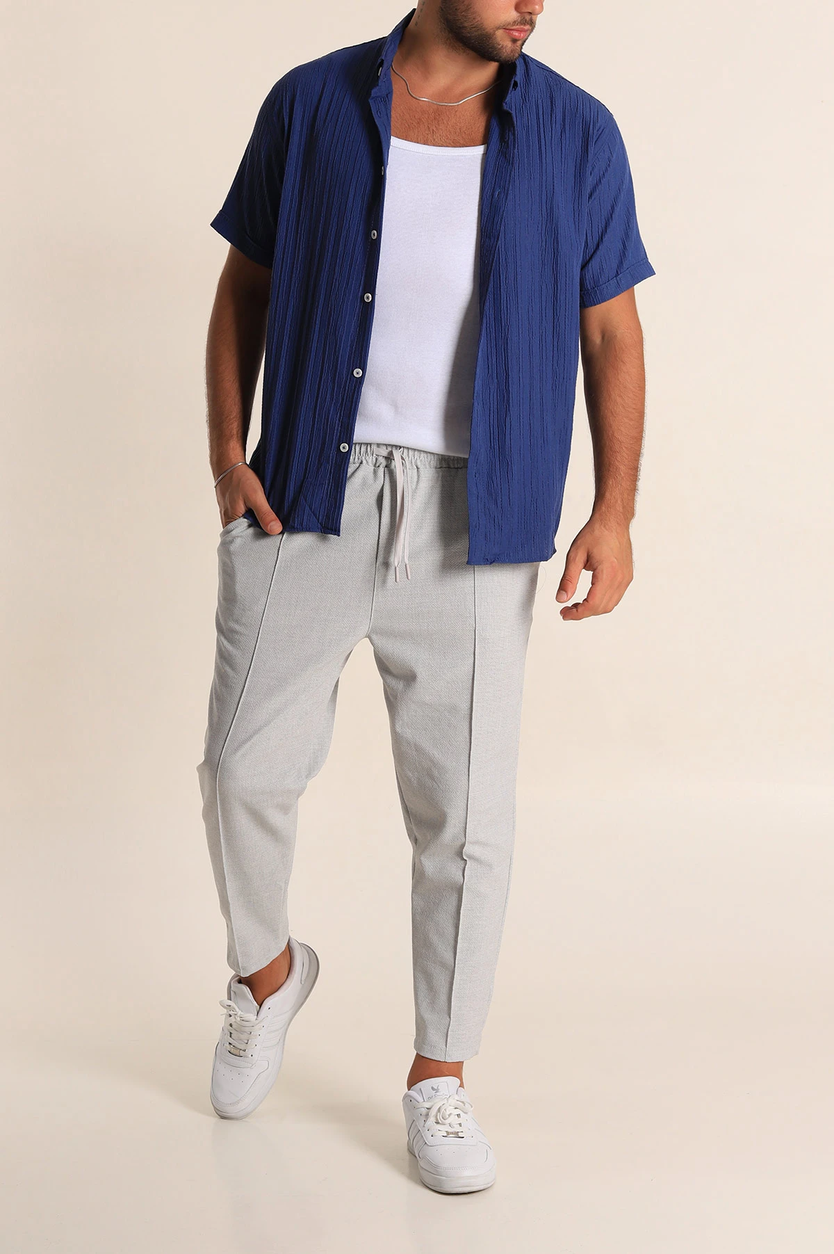 Gri Boyfriend Fit Gofre Kumaş Çimalı Erkek Kumaş Pantolon 290545